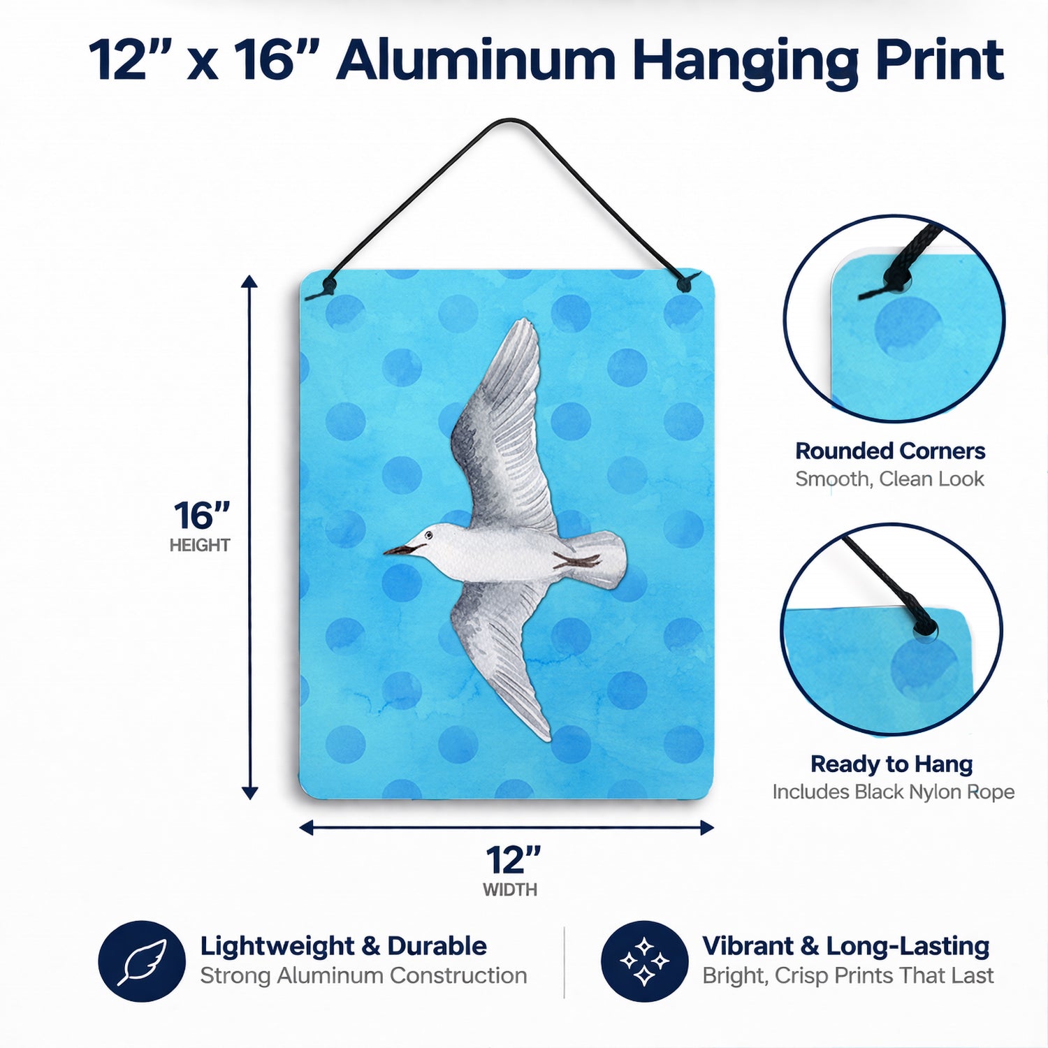 Sea Gull Blue Polkadot Wall or Door Hanging Prints Aluminum Metal Sign Kitchen Wall Bar Bathroom Plaque Home Decor Front Door Plaque, 12x16, Multicolor