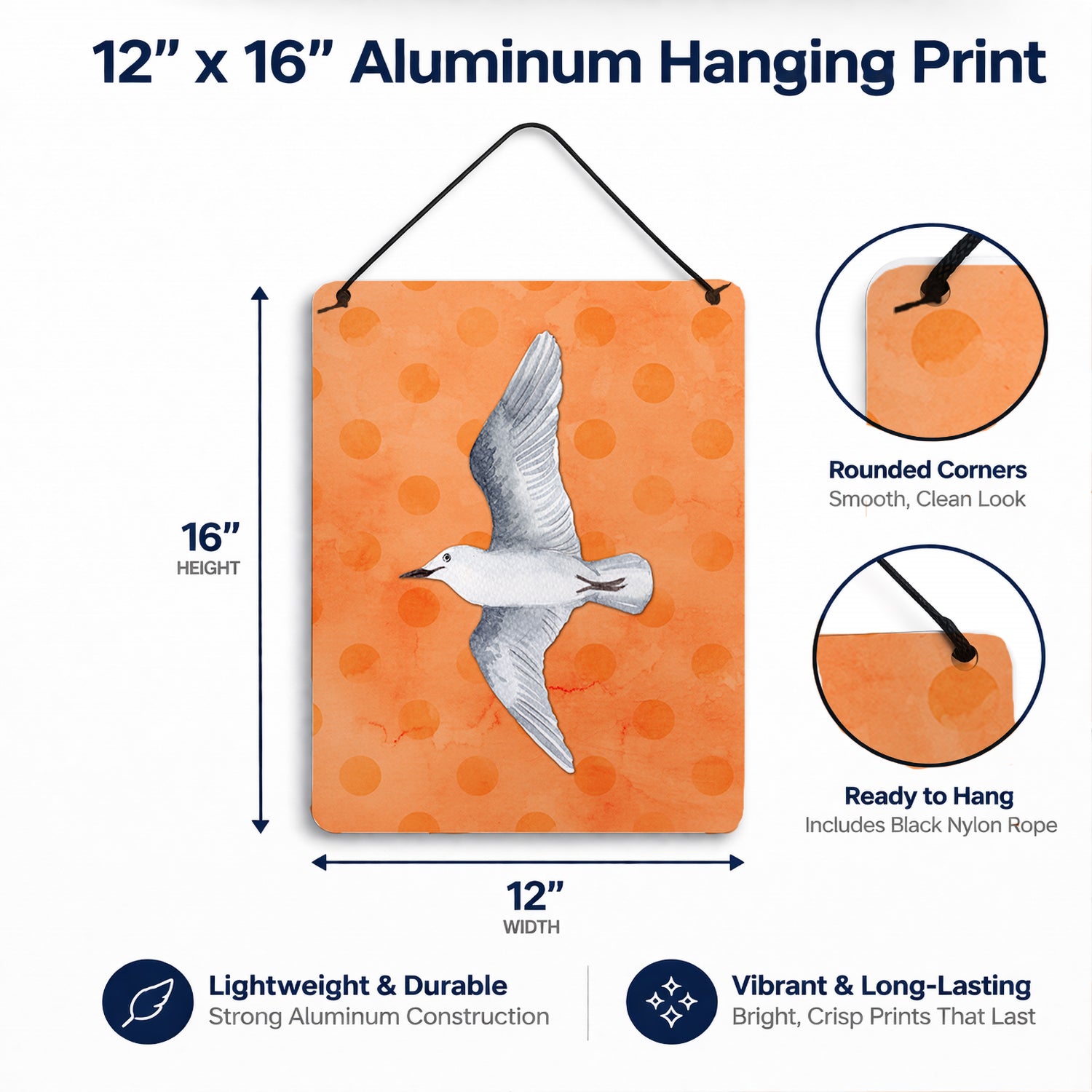 Sea Gull Orange Polkadot Wall or Door Hanging Prints Aluminum Metal Sign Kitchen Wall Bar Bathroom Plaque Home Decor Front Door Plaque, 12x16, Multicolor