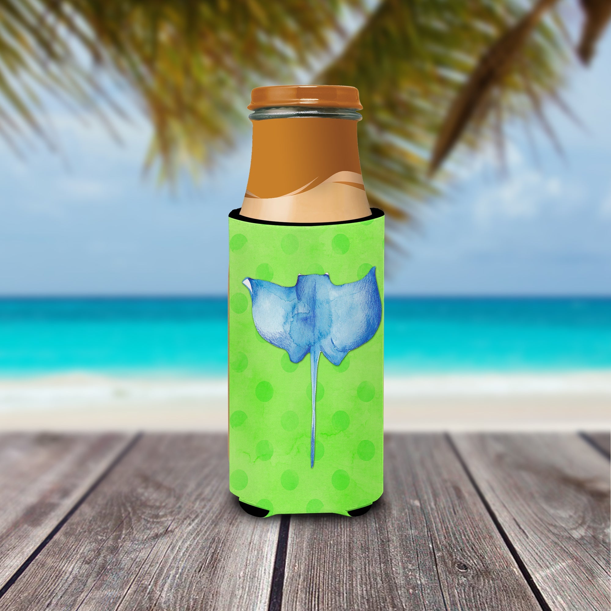 Sting Ray Green Polkadot Slim Can Hugger , Insulated Foam Hugger for 12 oz Slim Cans, Beer Bottles & Water Bottles, Printed in USA