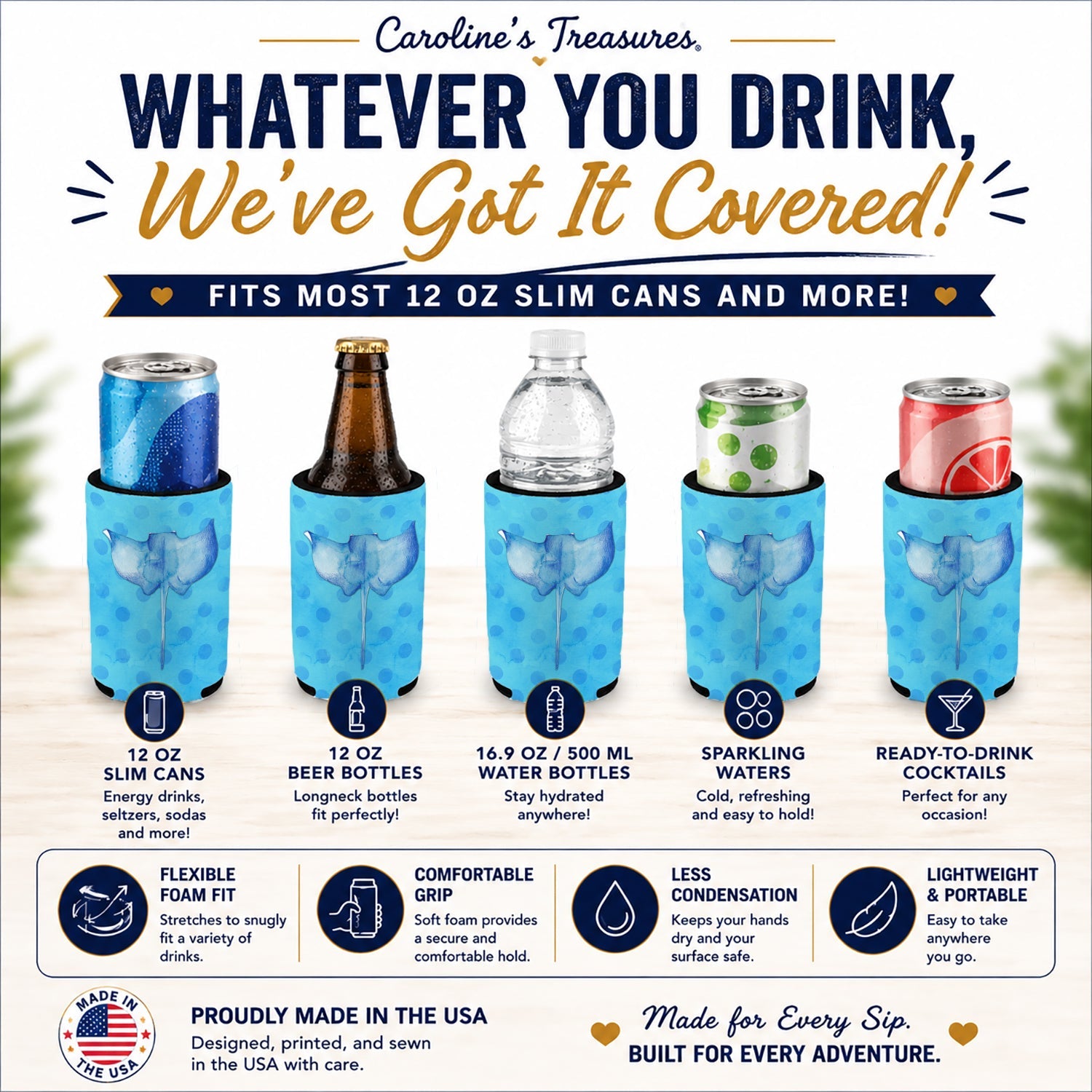 Sting Ray Blue Polkadot Slim Can Hugger  Insulated Foam Sleeve for 12 oz Slim Cans, Beer Bottles & Water Bottles, Made in USA
