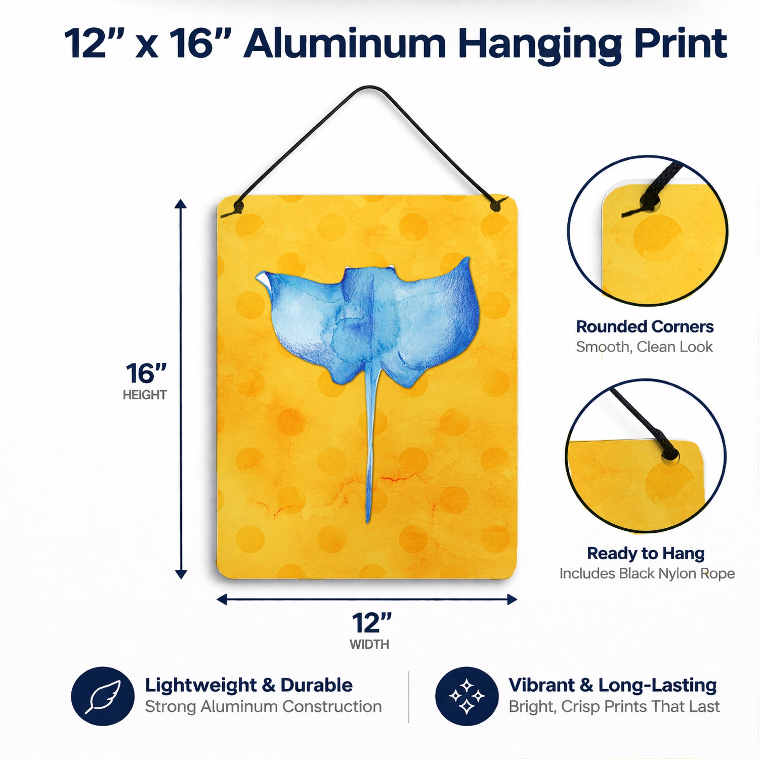 Sting Ray Yellow Polkadot Wall or Door Hanging Prints Aluminum Metal Sign Kitchen Wall Bar Bathroom Plaque Home Decor Front Door Plaque, 12x16, Multicolor