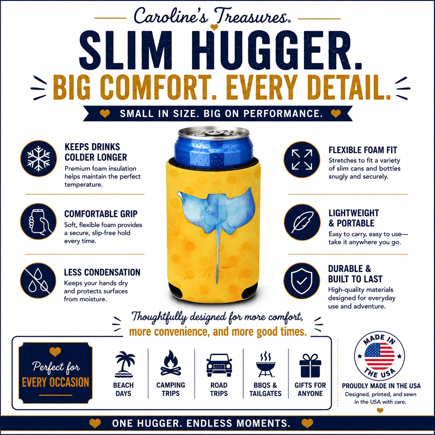 Sting Ray Yellow Polkadot Slim Can Hugger  Insulated Foam Sleeve for 12 oz Slim Cans, Beer Bottles & Water Bottles, Made in USA