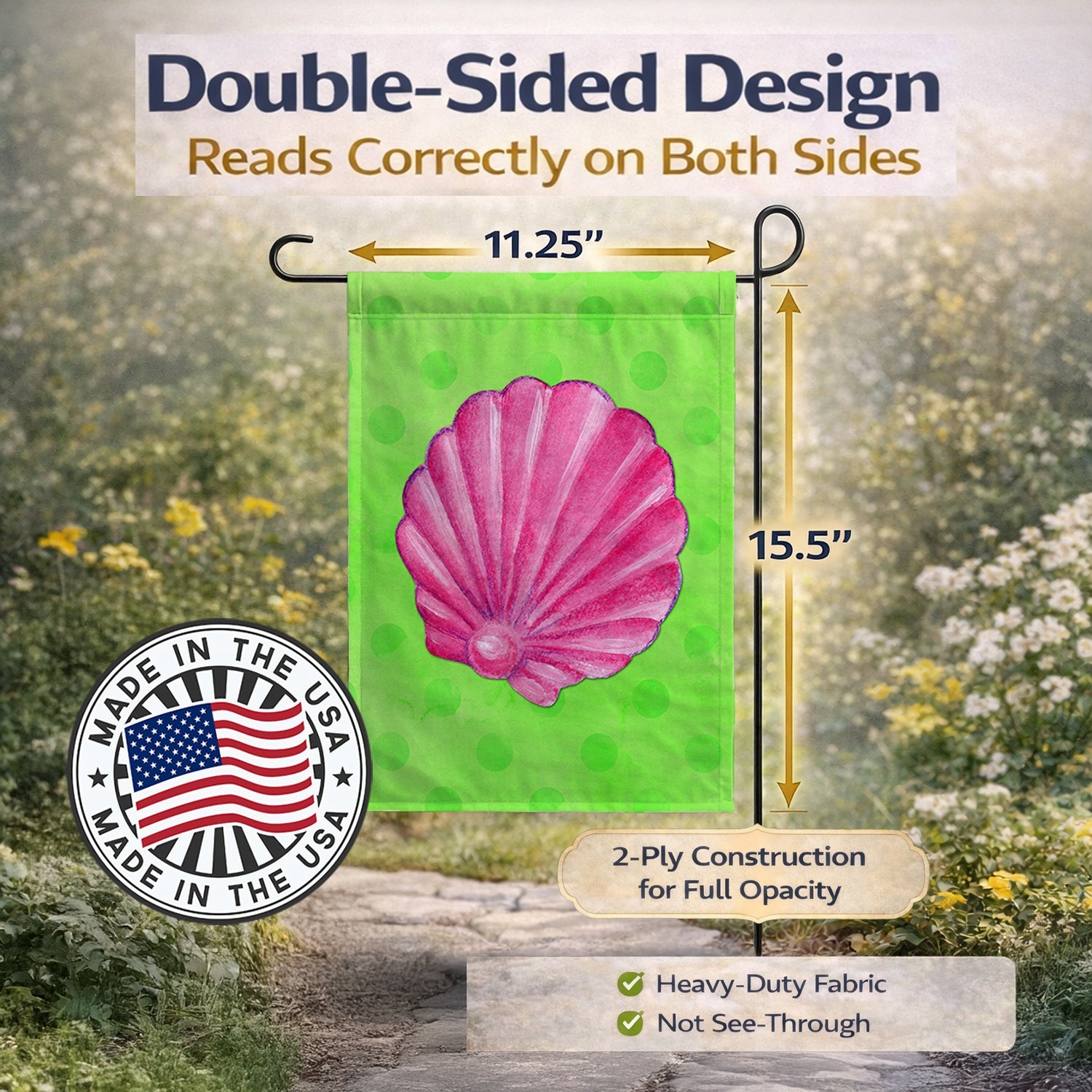 Pink Sea Shell Green Polkadot Garden Flag Mailbox Decorative Yard Banner Outside Patio Artwork for Flower Beds, Garden Size, Multicolor