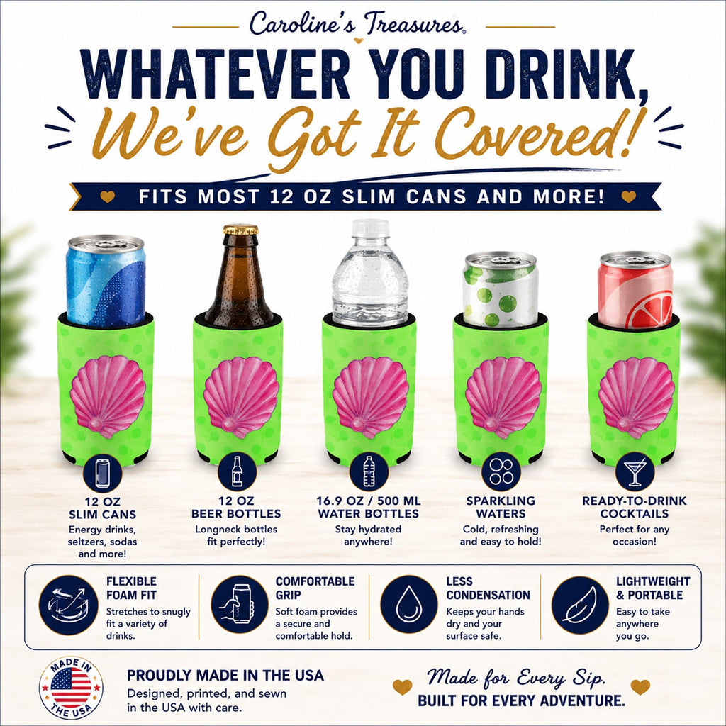 Pink Sea Shell Green Polkadot Slim Can Hugger  Insulated Foam Sleeve for 12 oz Slim Cans, Beer Bottles & Water Bottles, Made in USA
