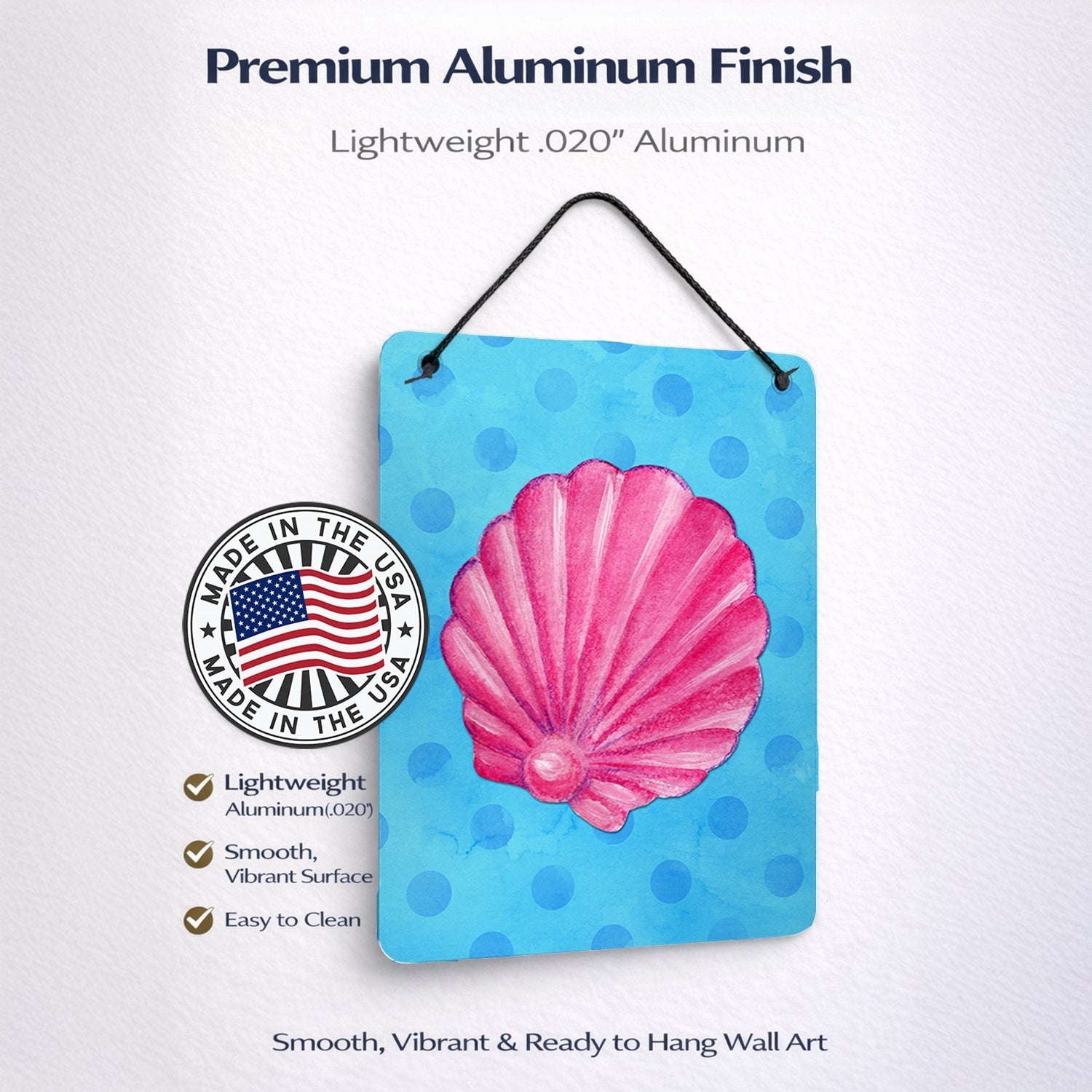 Pink Sea Shell Blue Polkadot Wall or Door Hanging Prints Aluminum Metal Sign Kitchen Wall Bar Bathroom Plaque Home Decor Front Door Plaque, 12x16, Multicolor