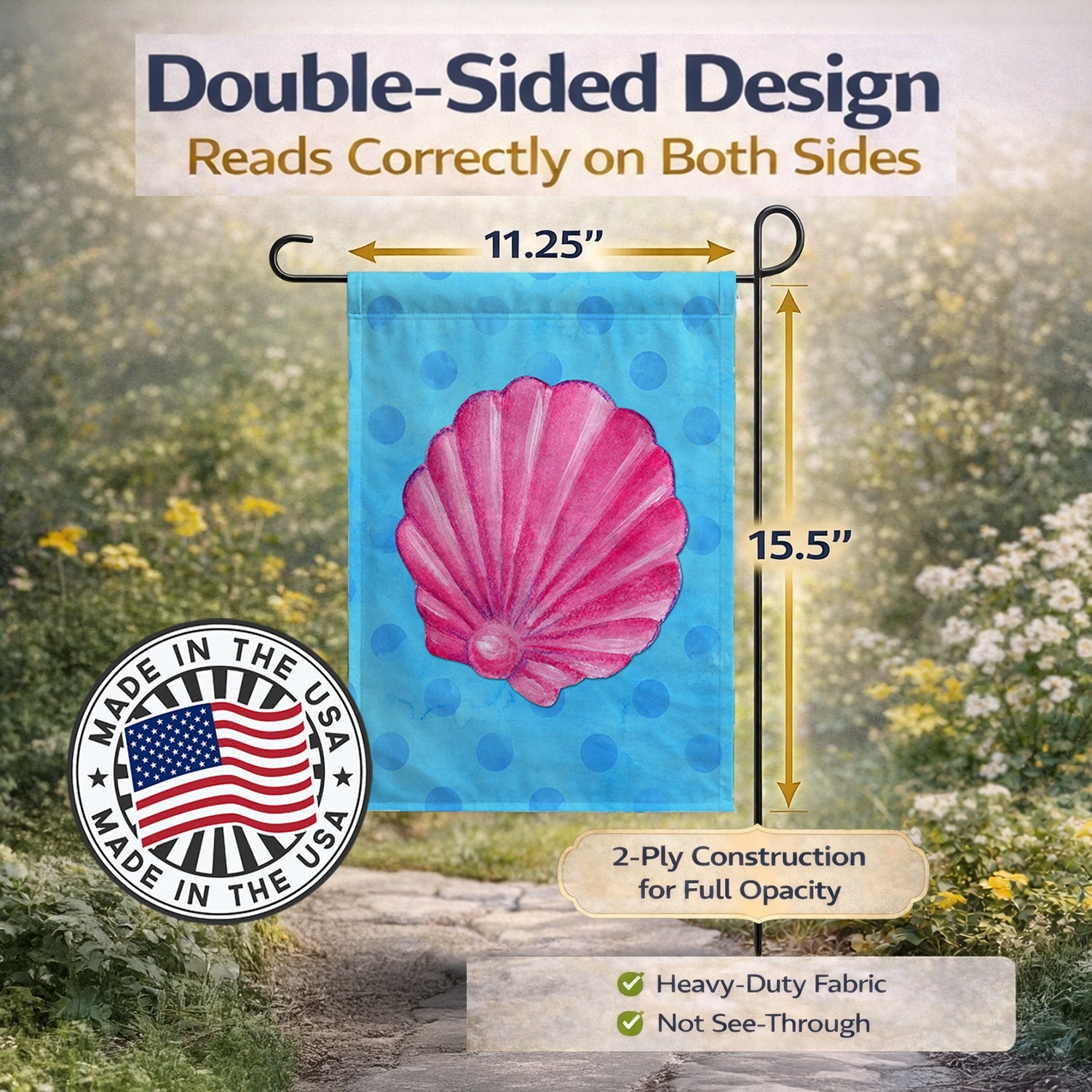 Pink Sea Shell Blue Polkadot Garden Flag Mailbox Decorative Yard Banner Outside Patio Artwork for Flower Beds, Garden Size, Multicolor