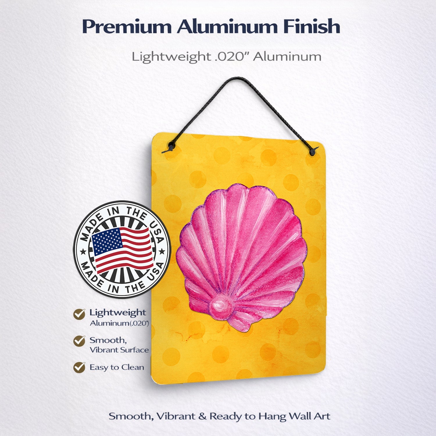 Pink Sea Shell Yellow Polkadot Wall or Door Hanging Prints Aluminum Metal Sign Kitchen Wall Bar Bathroom Plaque Home Decor Front Door Plaque, 12x16, Multicolor