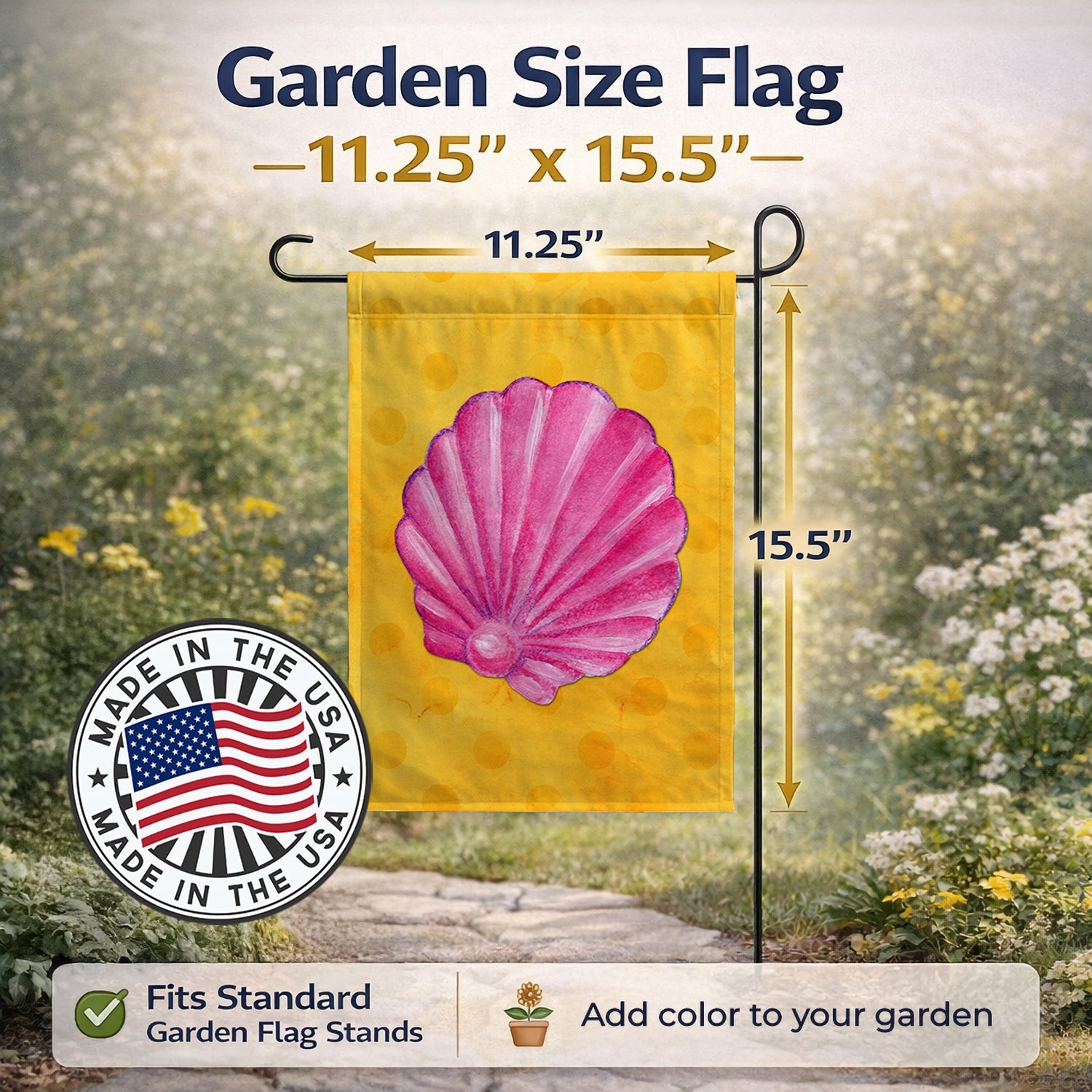 Pink Sea Shell Yellow Polkadot Garden Flag Mailbox Decorative Yard Banner Outside Patio Artwork for Flower Beds, Garden Size, Multicolor