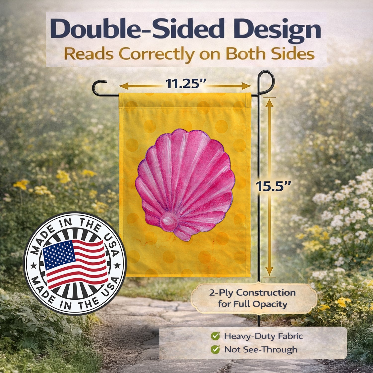 Pink Sea Shell Yellow Polkadot Garden Flag Mailbox Decorative Yard Banner Outside Patio Artwork for Flower Beds, Garden Size, Multicolor