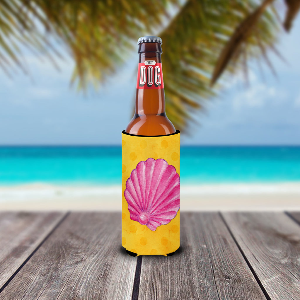 Pink Sea Shell Yellow Polkadot Slim Can Hugger , Insulated Foam Hugger for 12 oz Slim Cans, Beer Bottles & Water Bottles, Printed in USA
