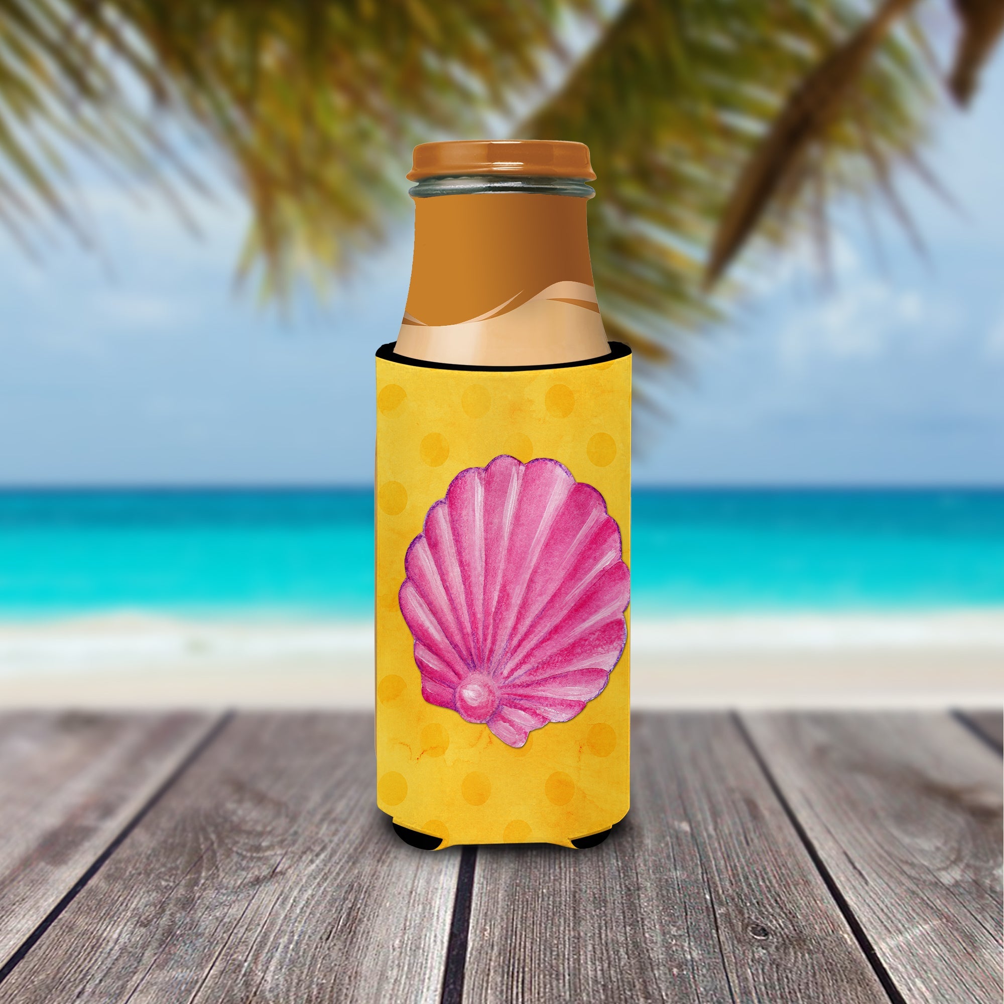 Pink Sea Shell Yellow Polkadot Slim Can Hugger , Insulated Foam Hugger for 12 oz Slim Cans, Beer Bottles & Water Bottles, Printed in USA
