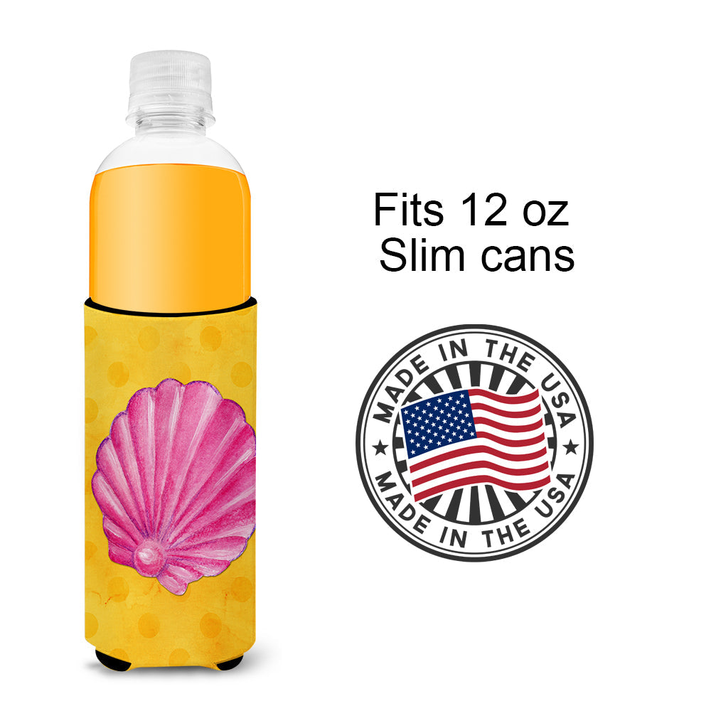 Pink Sea Shell Yellow Polkadot Slim Can Hugger , Insulated Foam Hugger for 12 oz Slim Cans, Beer Bottles & Water Bottles, Printed in USA