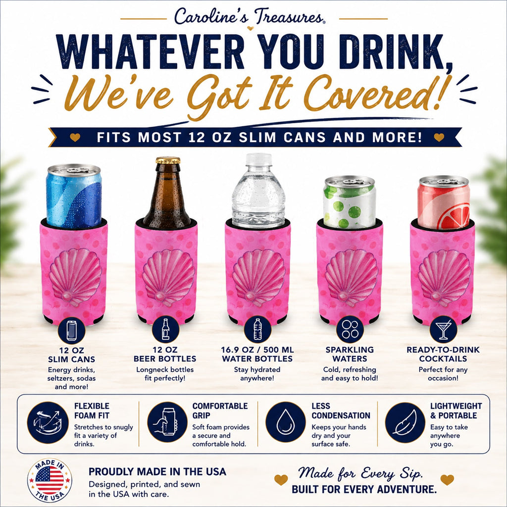 Pink Sea Shell Pink Polkadot Slim Can Hugger  Insulated Foam Sleeve for 12 oz Slim Cans, Beer Bottles & Water Bottles, Made in USA