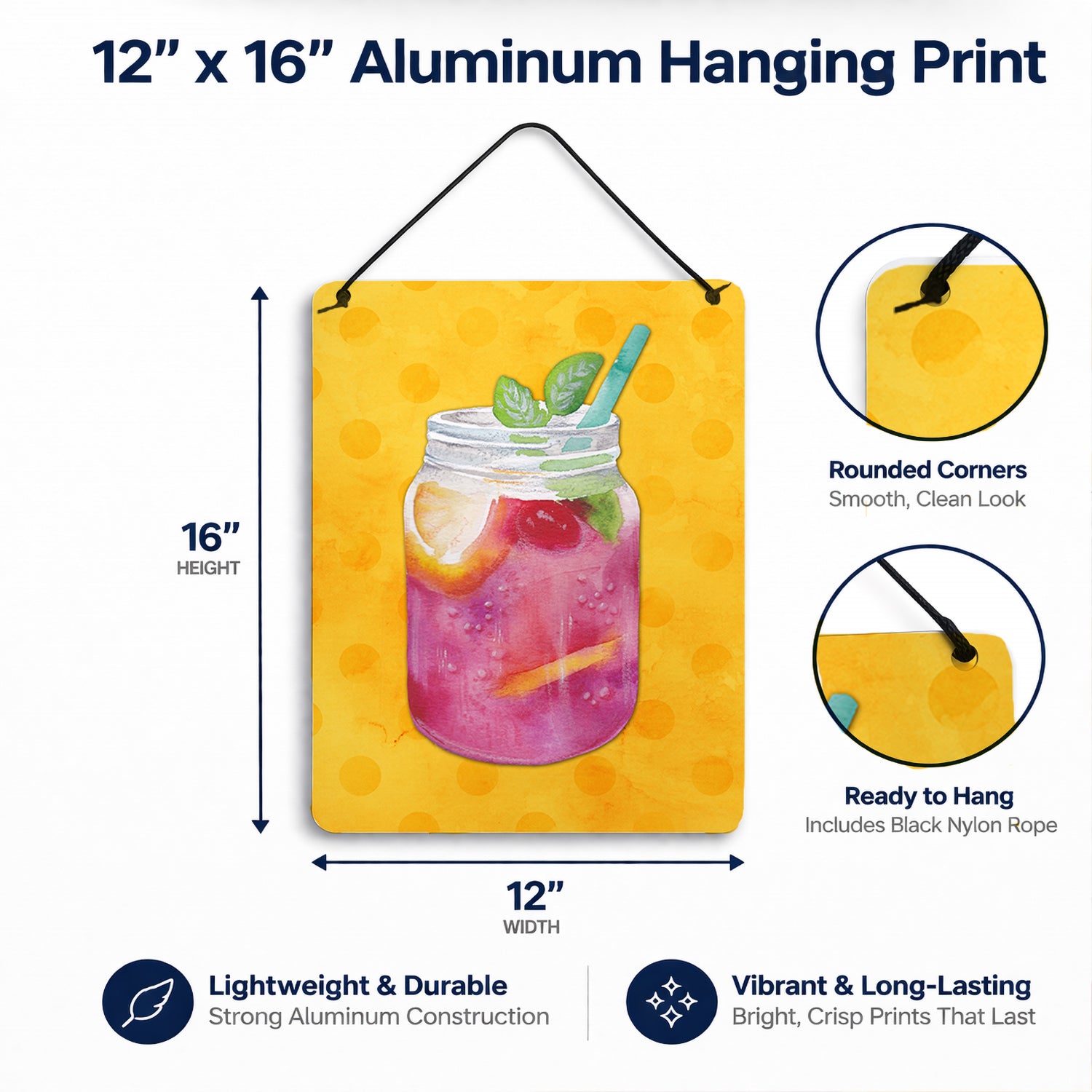 Mason Jar Cocktail Yellow Polkadot Wall or Door Hanging Prints Aluminum Metal Sign Kitchen Wall Bar Bathroom Plaque Home Decor Front Door Plaque, 12x16, Multicolor
