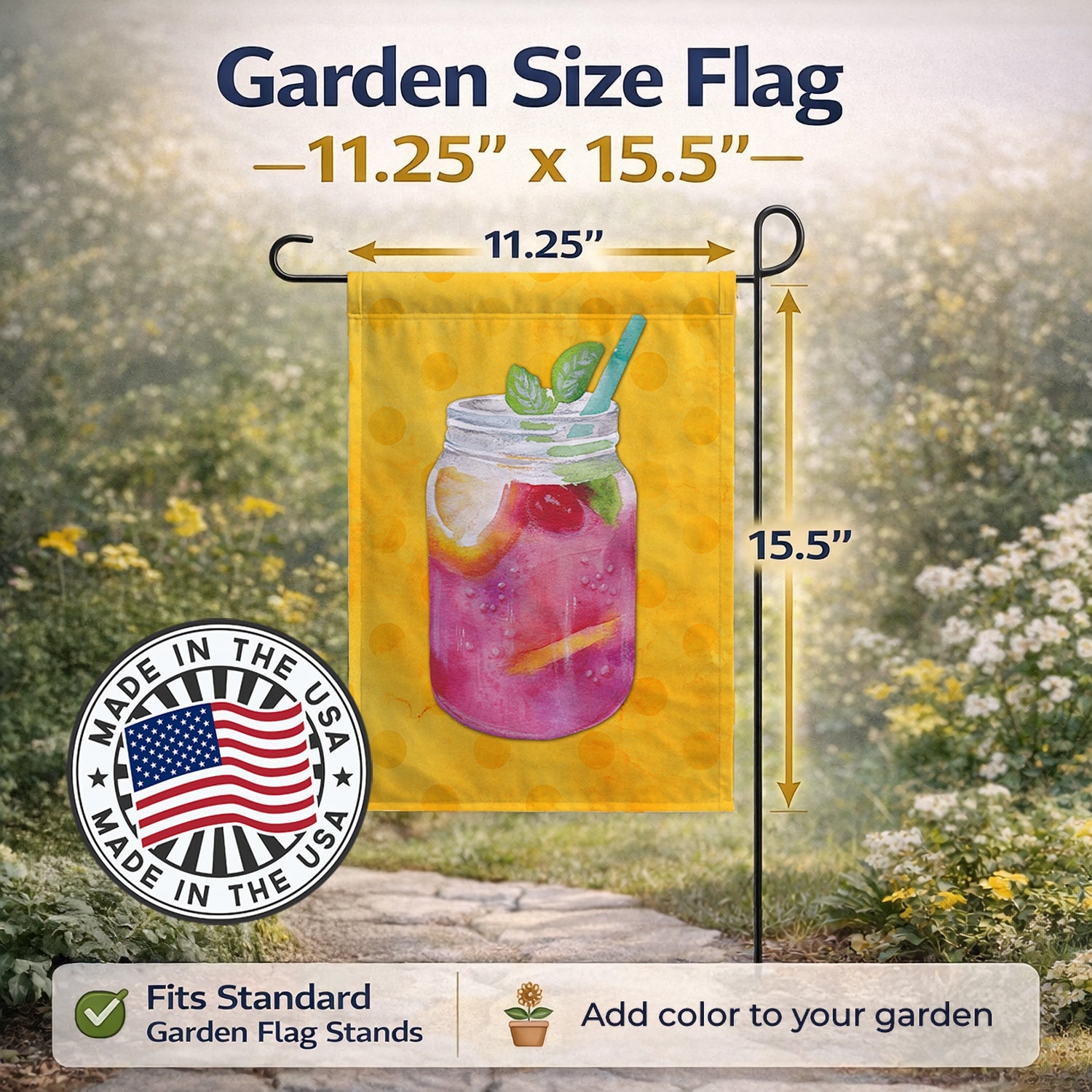 Mason Jar Cocktail Yellow Polkadot Garden Flag Mailbox Decorative Yard Banner Outside Patio Artwork for Flower Beds, Garden Size, Multicolor