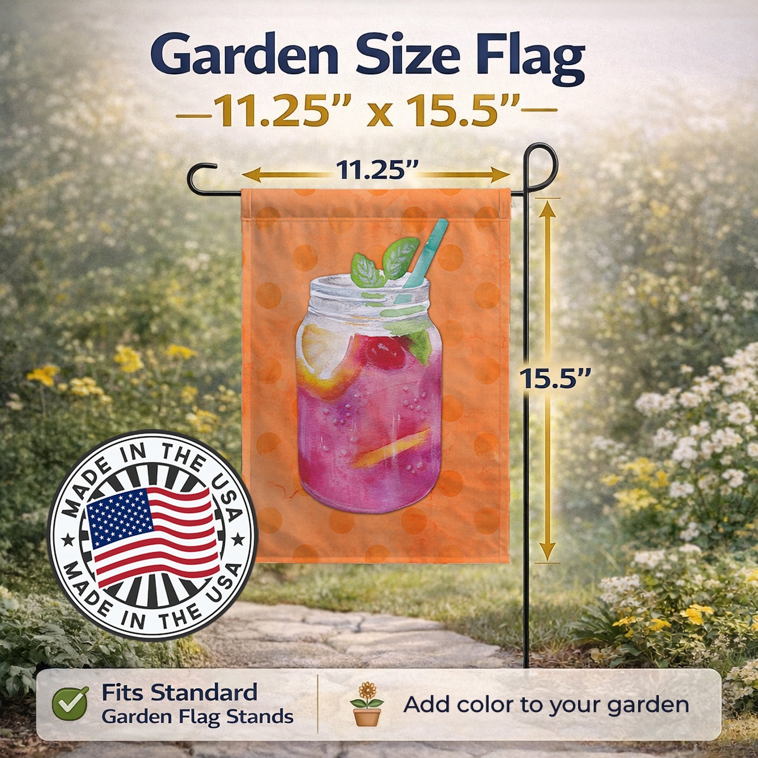Mason Jar Cocktail Orange Polkadot Garden Flag Mailbox Decorative Yard Banner Outside Patio Artwork for Flower Beds, Garden Size, Multicolor
