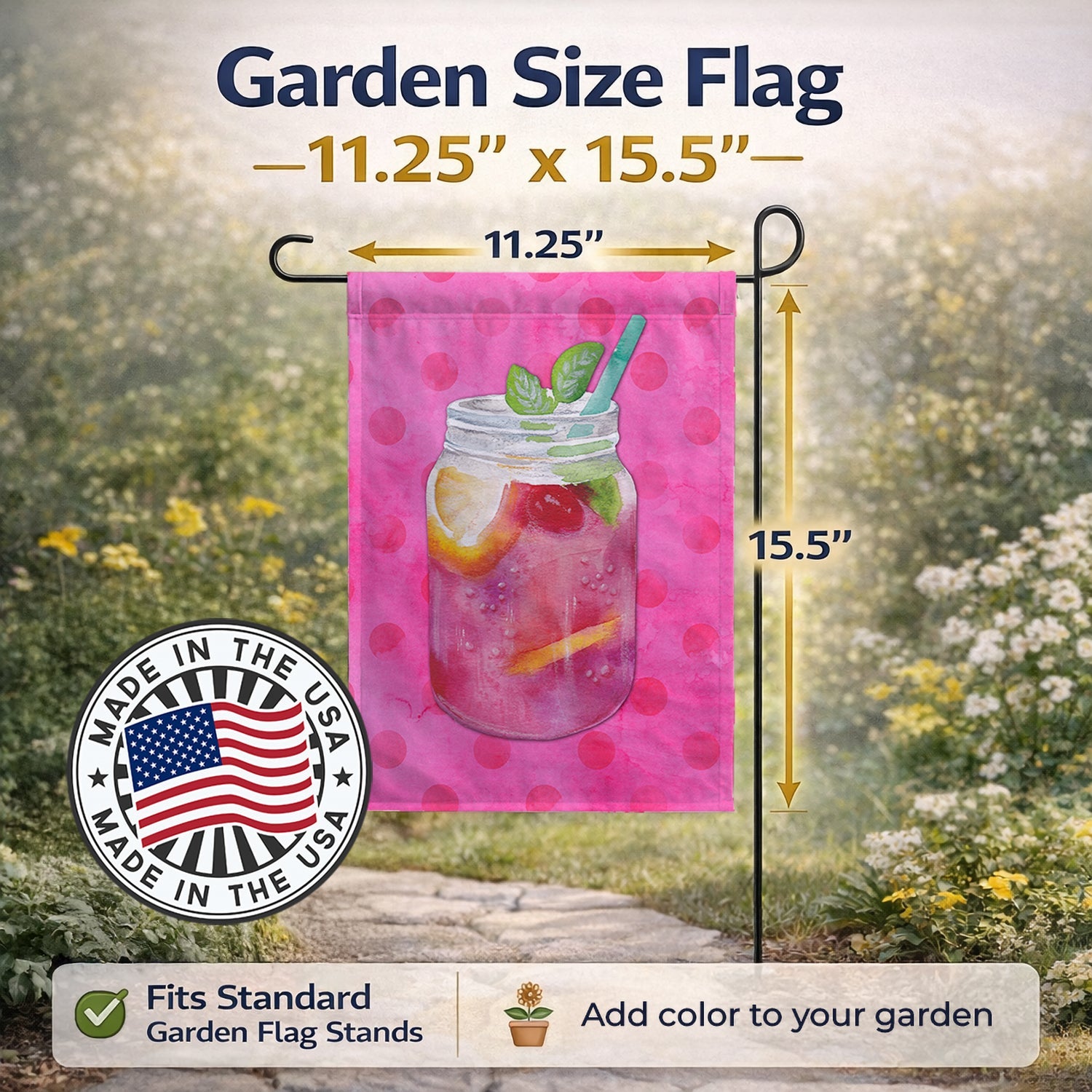 Mason Jar Cocktail Pink Polkadot Garden Flag Mailbox Decorative Yard Banner Outside Patio Artwork for Flower Beds, Garden Size, Multicolor