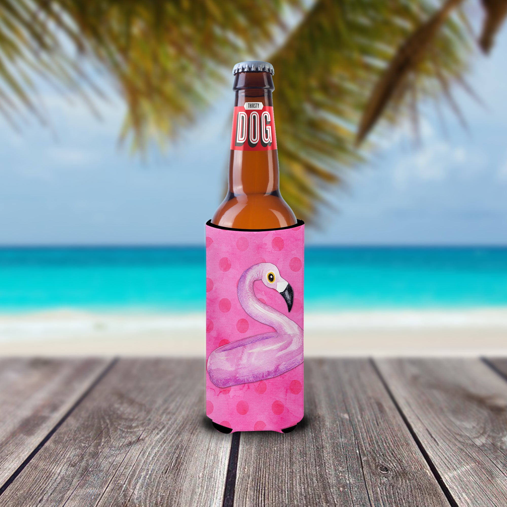 Flamingo Floaty Pink Polkadot Slim Can Hugger , Insulated Foam Hugger for 12 oz Slim Cans, Beer Bottles & Water Bottles, Printed in USA