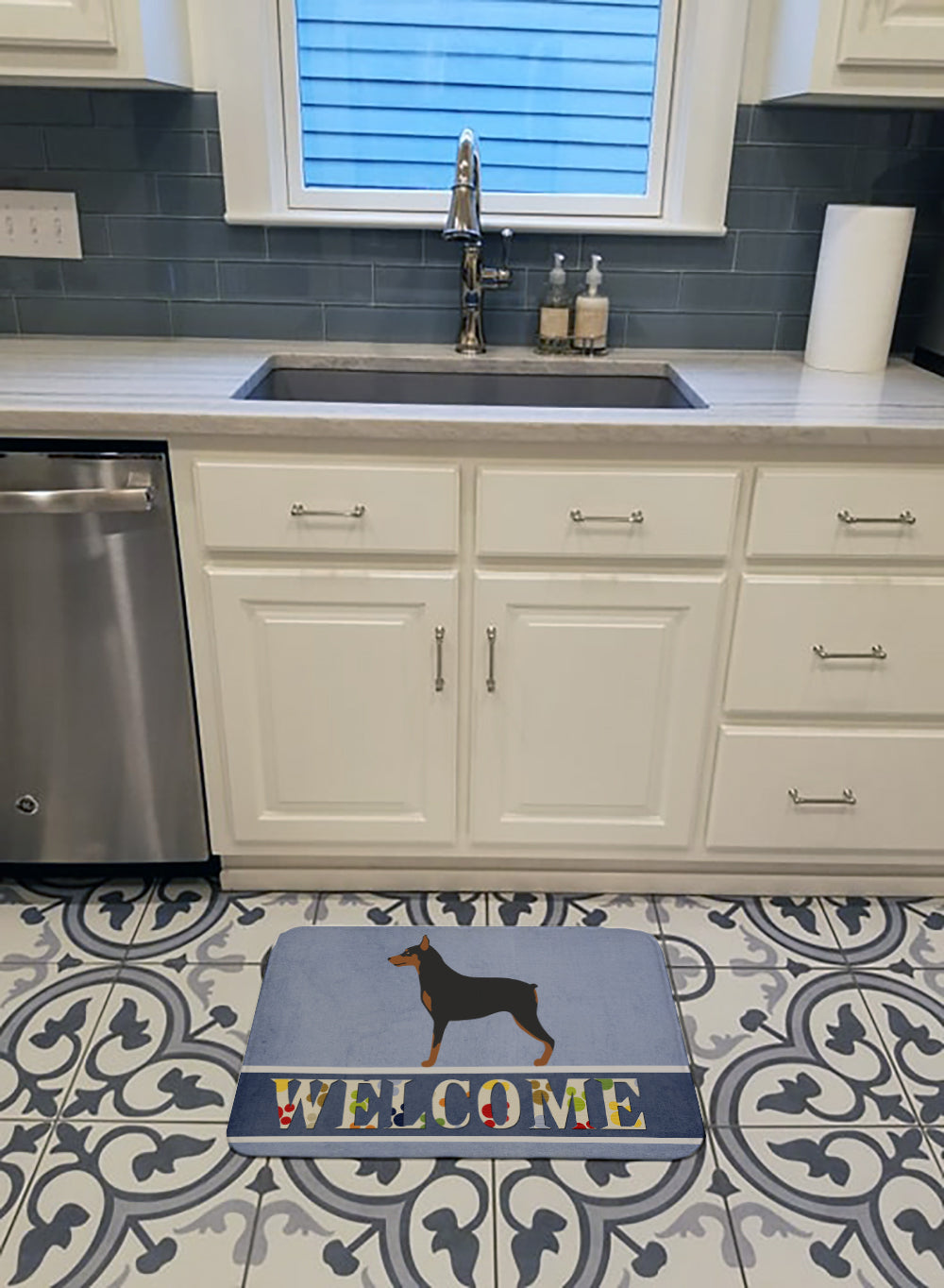 Miniature Pinscher Welcome Memory Foam Kitchen Mat Machine Washable Anti-Fatigue Cushion Comfort Bath or Kitchen Rug