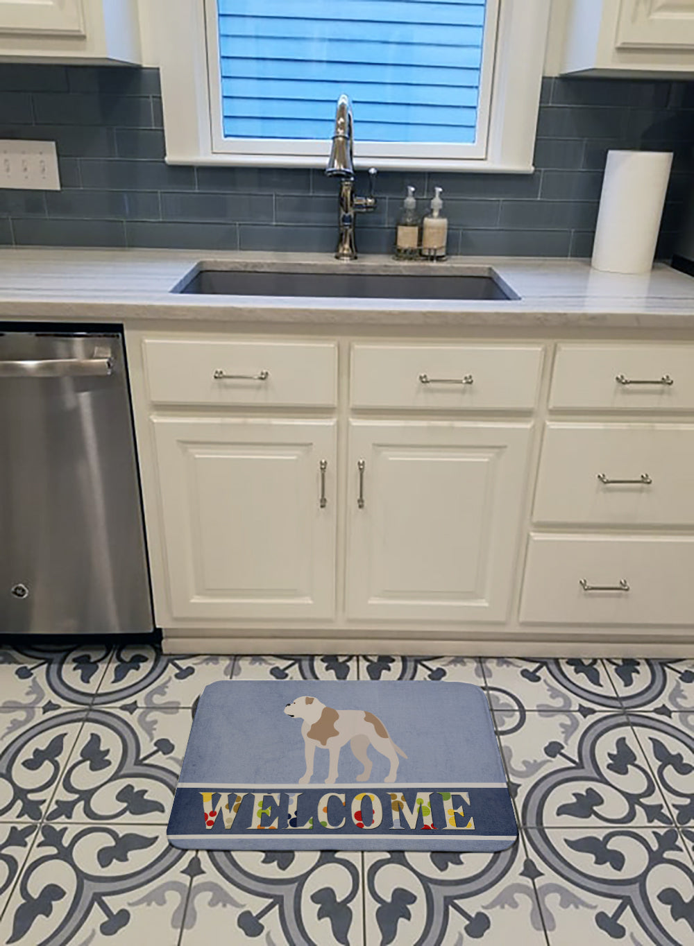 American Bulldog Welcome Memory Foam Kitchen Mat Machine Washable Anti-Fatigue Cushion Comfort Bath or Kitchen Rug