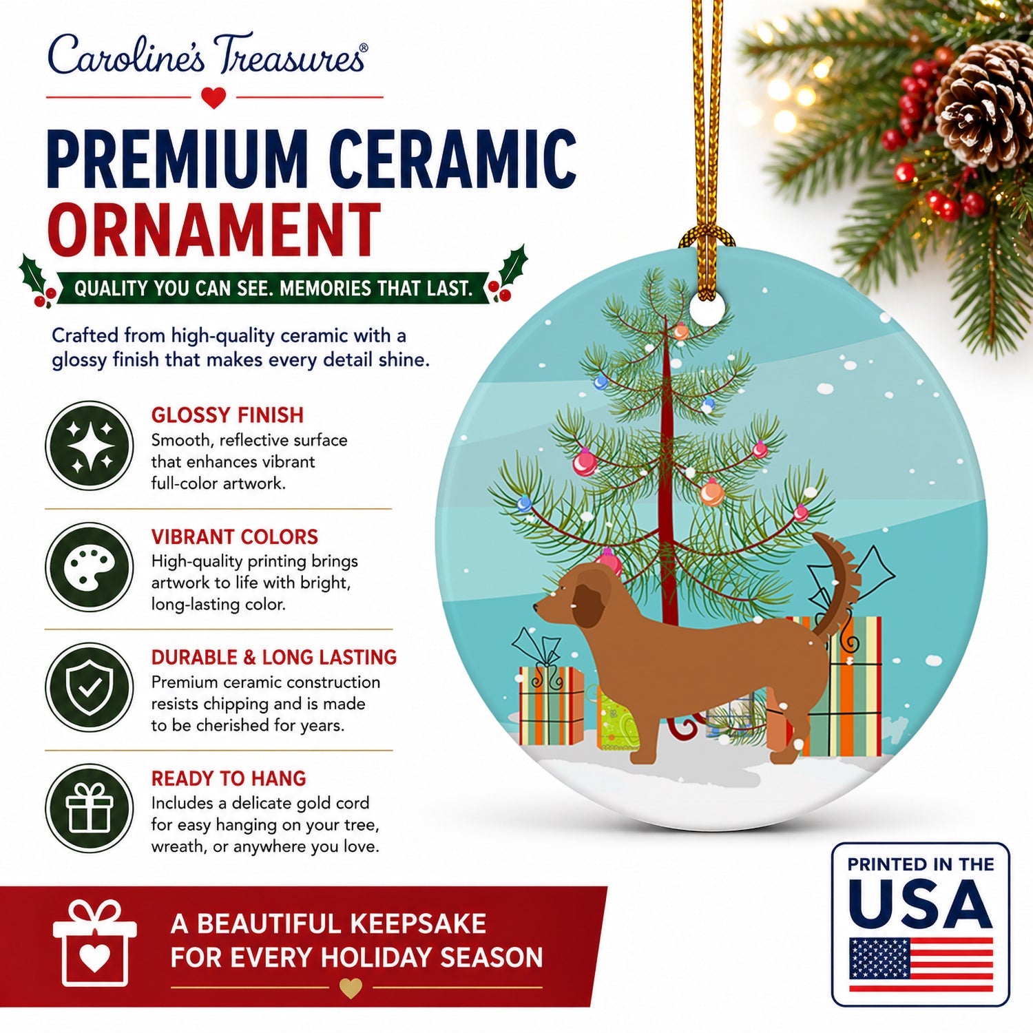 Alpine Dachsbrake Christmas Ceramic Ornament Christmas Tree Hanging Decorations for Home Christmas Holiday, Party, Gift, 3 in, Multicolor