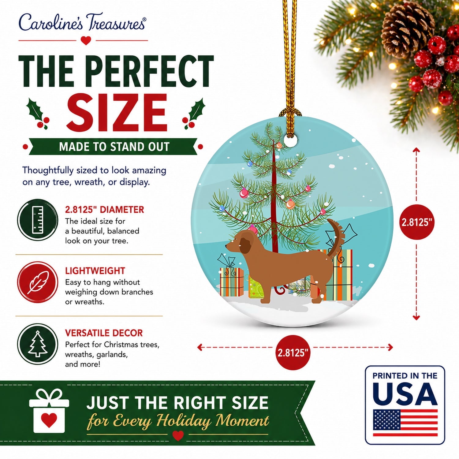 Alpine Dachsbrake Christmas Ceramic Ornament Christmas Tree Hanging Decorations for Home Christmas Holiday, Party, Gift, 3 in, Multicolor