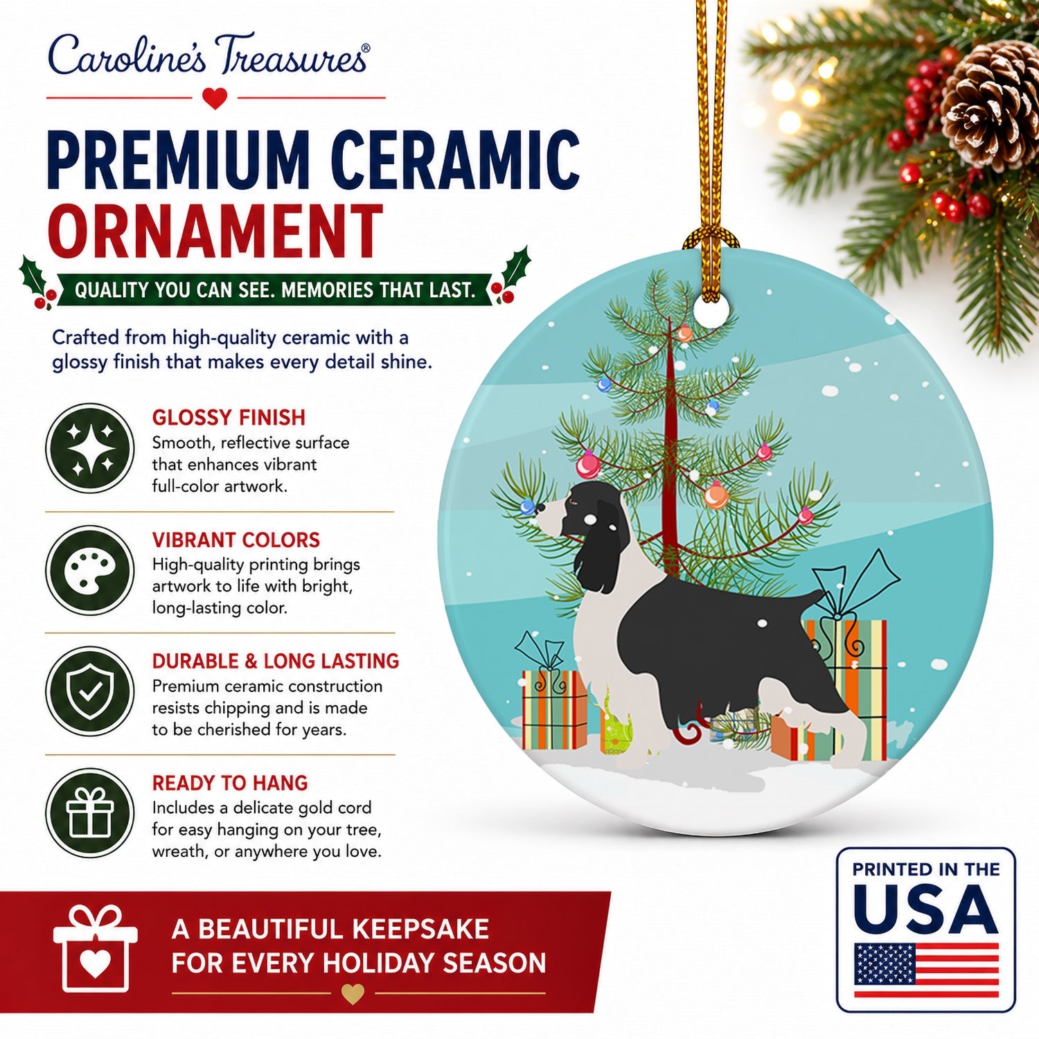 English Springer Spaniel Christmas Ceramic Ornament Christmas Tree Hanging Decorations for Home Christmas Holiday, Party, Gift, 3 in, Multicolor