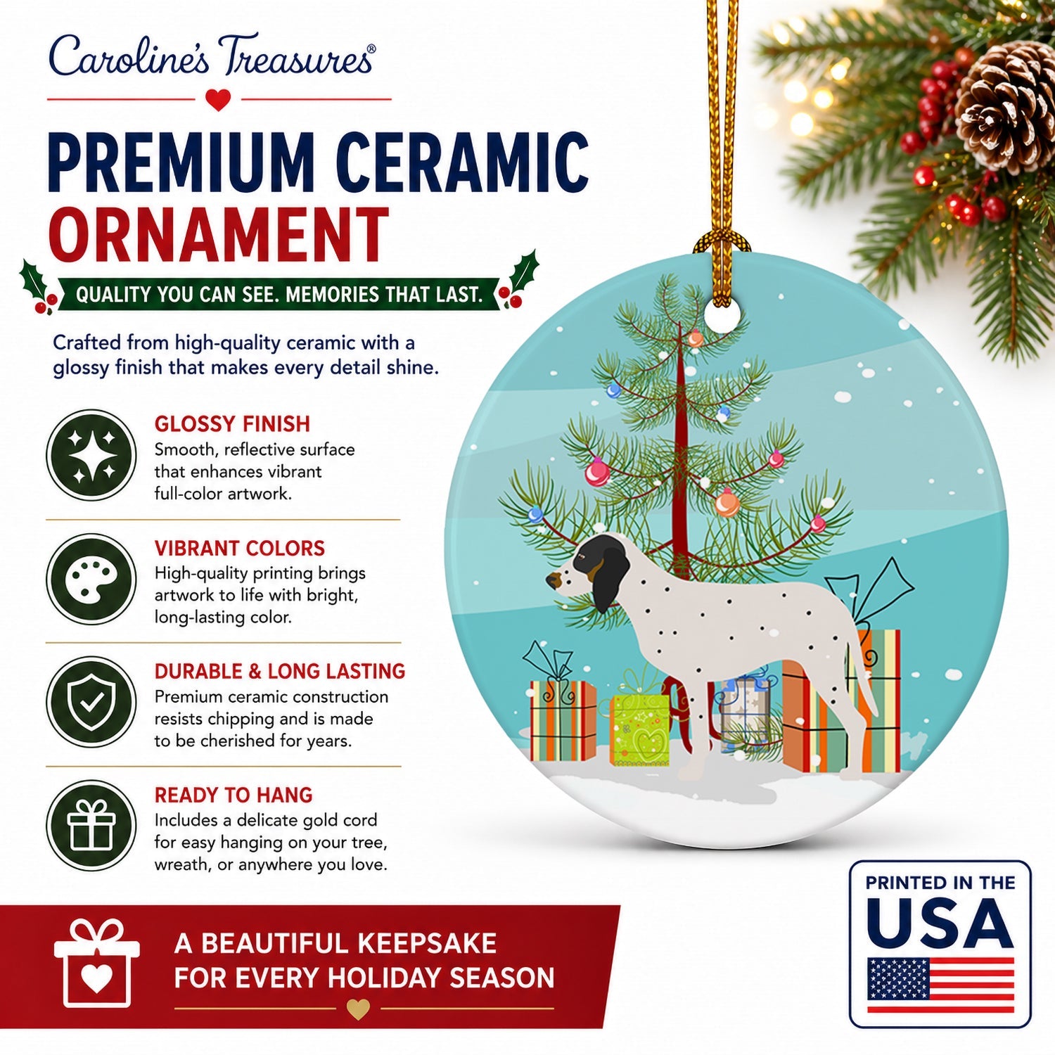 Gascon Saintongeois Christmas Ceramic Ornament Christmas Tree Hanging Decorations for Home Christmas Holiday, Party, Gift, 3 in, Multicolor