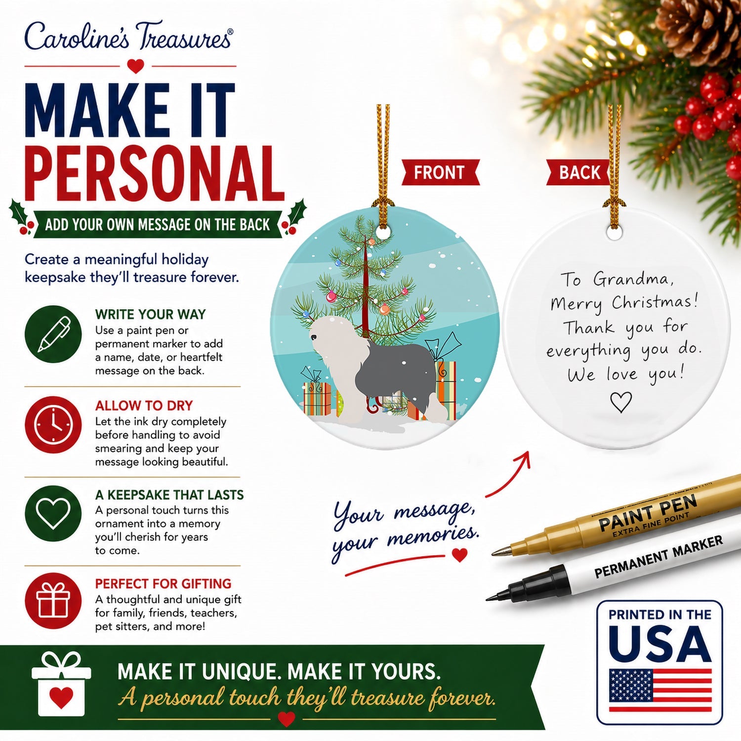 Old English Sheepdog Bobtail Christmas Ceramic Ornament Christmas Tree Hanging Decorations for Home Christmas Holiday, Party, Gift, 3 in, Multicolor
