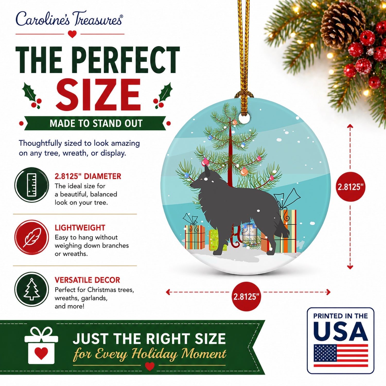 Groenendael Belgian Shepherd Christmas Ceramic Ornament Christmas Tree Hanging Decorations for Home Christmas Holiday, Party, Gift, 3 in, Multicolor