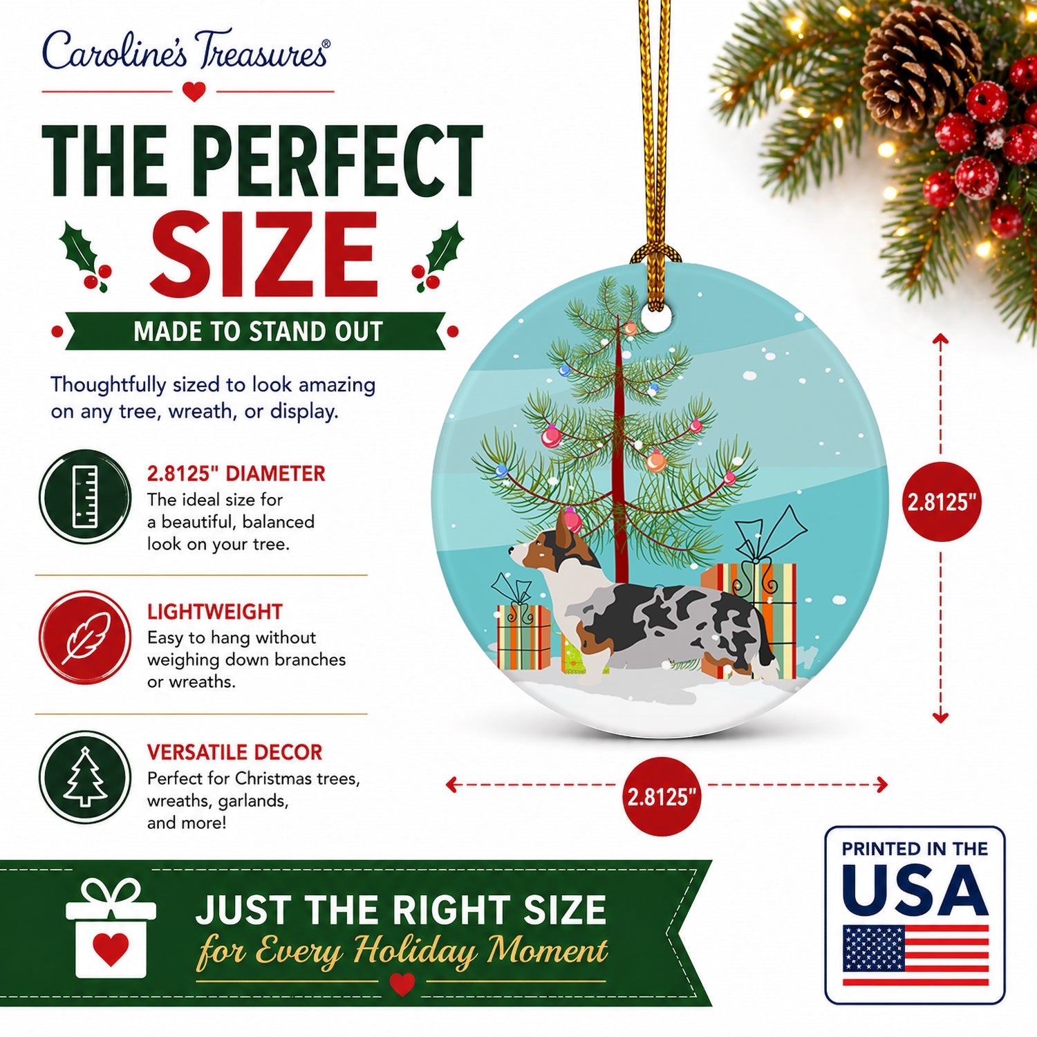 Welsh Corgi Cardigan Christmas Ceramic Ornament Christmas Tree Hanging Decorations for Home Christmas Holiday, Party, Gift, 3 in, Multicolor