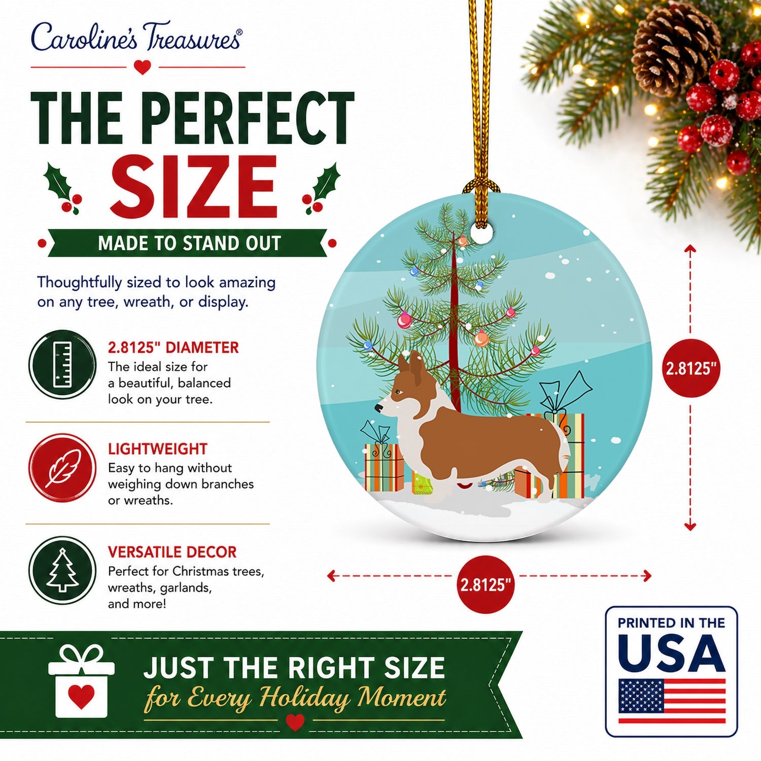 Pembroke Welsh Corgi Christmas Ceramic Ornament Christmas Tree Hanging Decorations for Home Christmas Holiday, Party, Gift, 3 in, Multicolor
