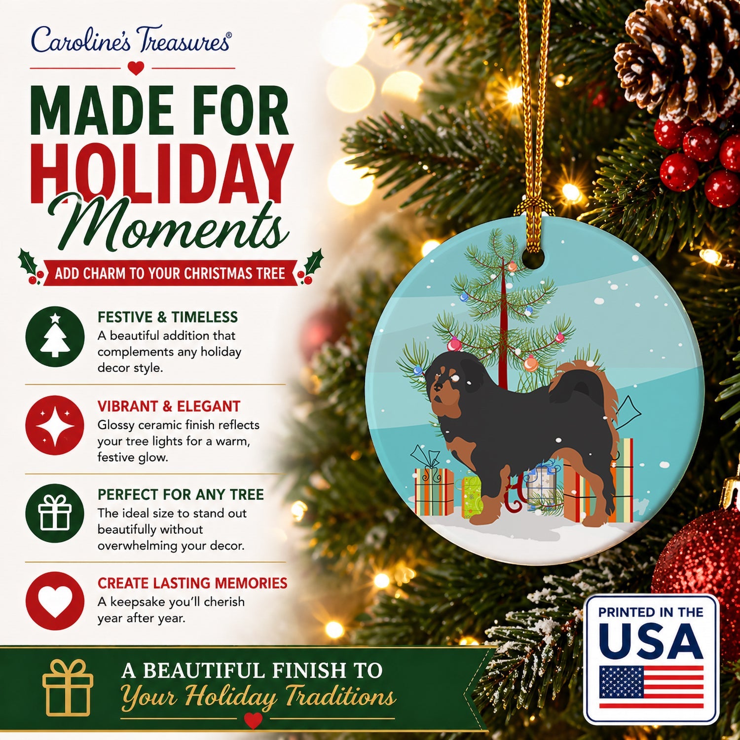 Tibetan Mastiff Christmas Ceramic Ornament Christmas Tree Hanging Decorations for Home Christmas Holiday, Party, Gift, 3 in, Multicolor