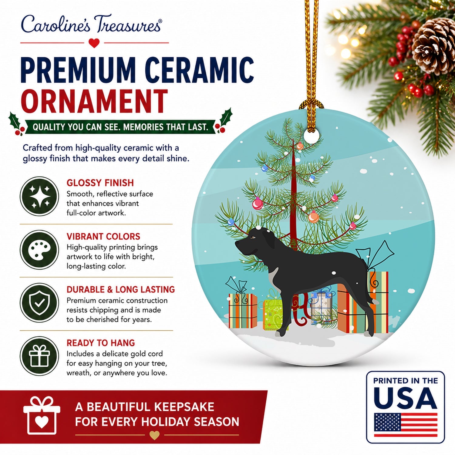 Broholmer Danish Mastiff Christmas Ceramic Ornament Christmas Tree Hanging Decorations for Home Christmas Holiday, Party, Gift, 3 in, Multicolor