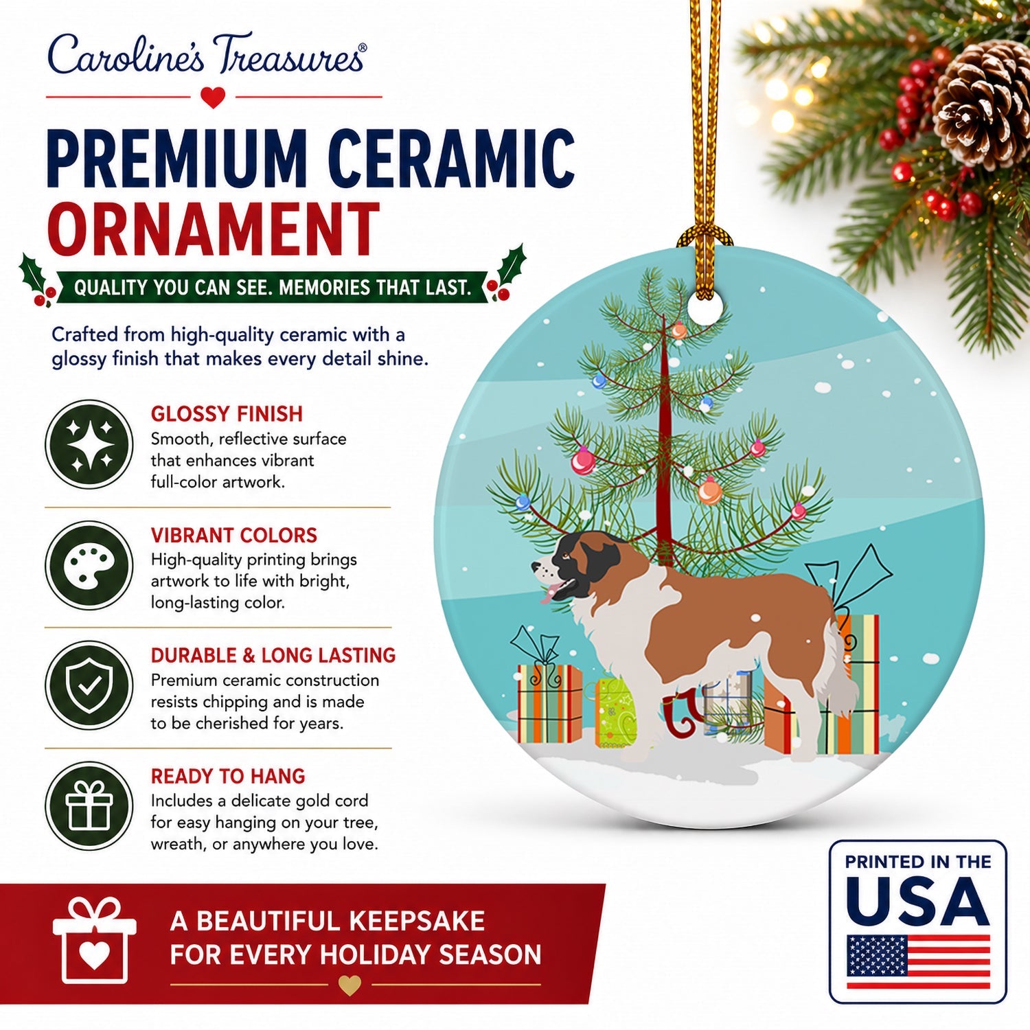 Moscow Watchdog Christmas Ceramic Ornament Christmas Tree Hanging Decorations for Home Christmas Holiday, Party, Gift, 3 in, Multicolor