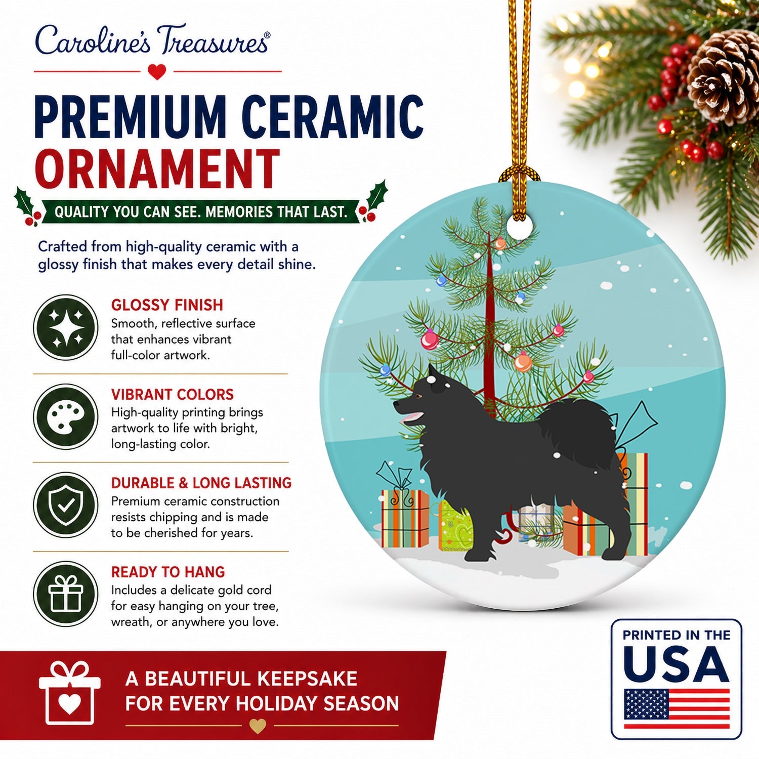 Swedish Lapphund Christmas Ceramic Ornament Christmas Tree Hanging Decorations for Home Christmas Holiday, Party, Gift, 3 in, Multicolor