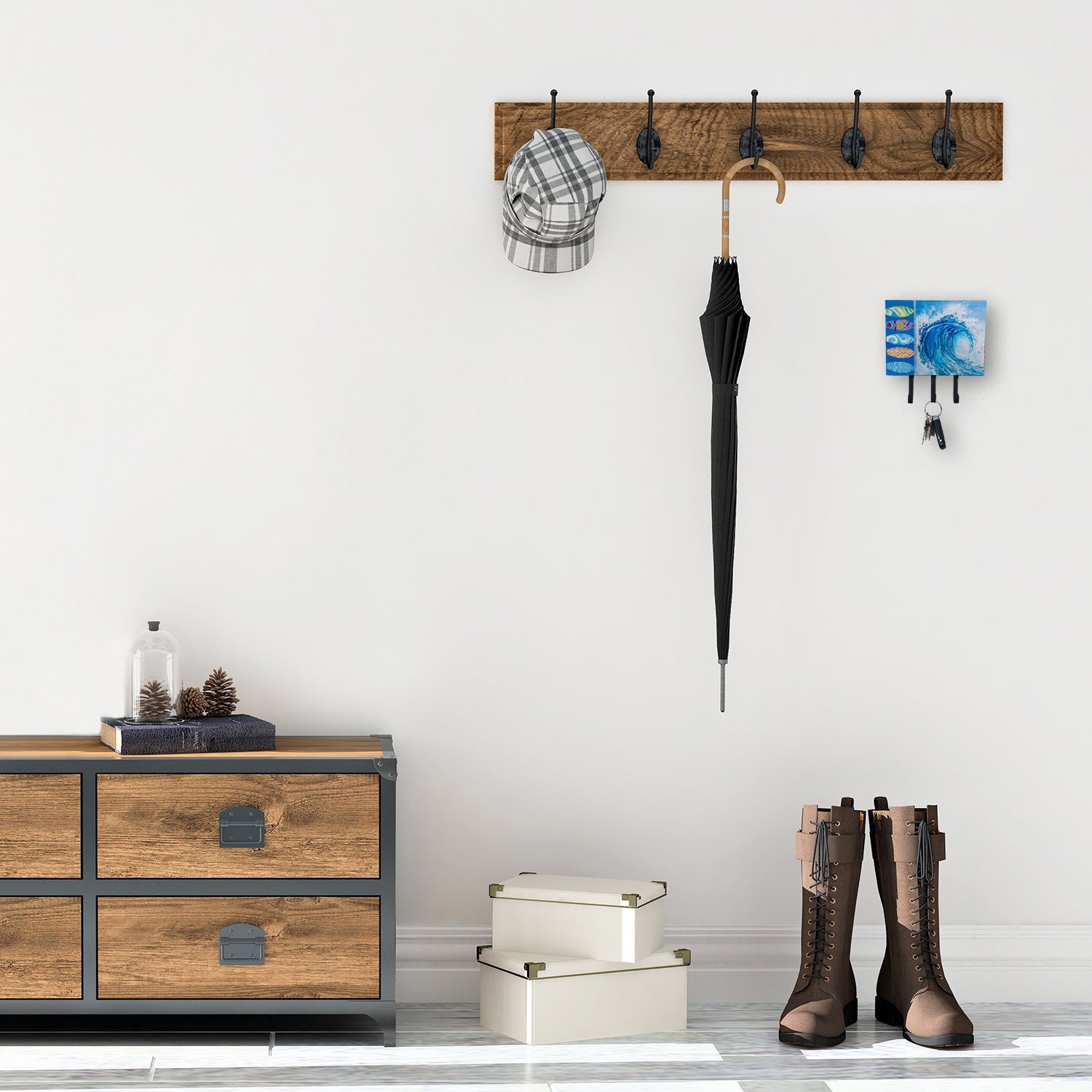 Surf Boards and Wave Leash or Key Holder Wall Hooks, Coat Rack Wall Mount, for Hanging Keys, Towels, Aprons, Leashes