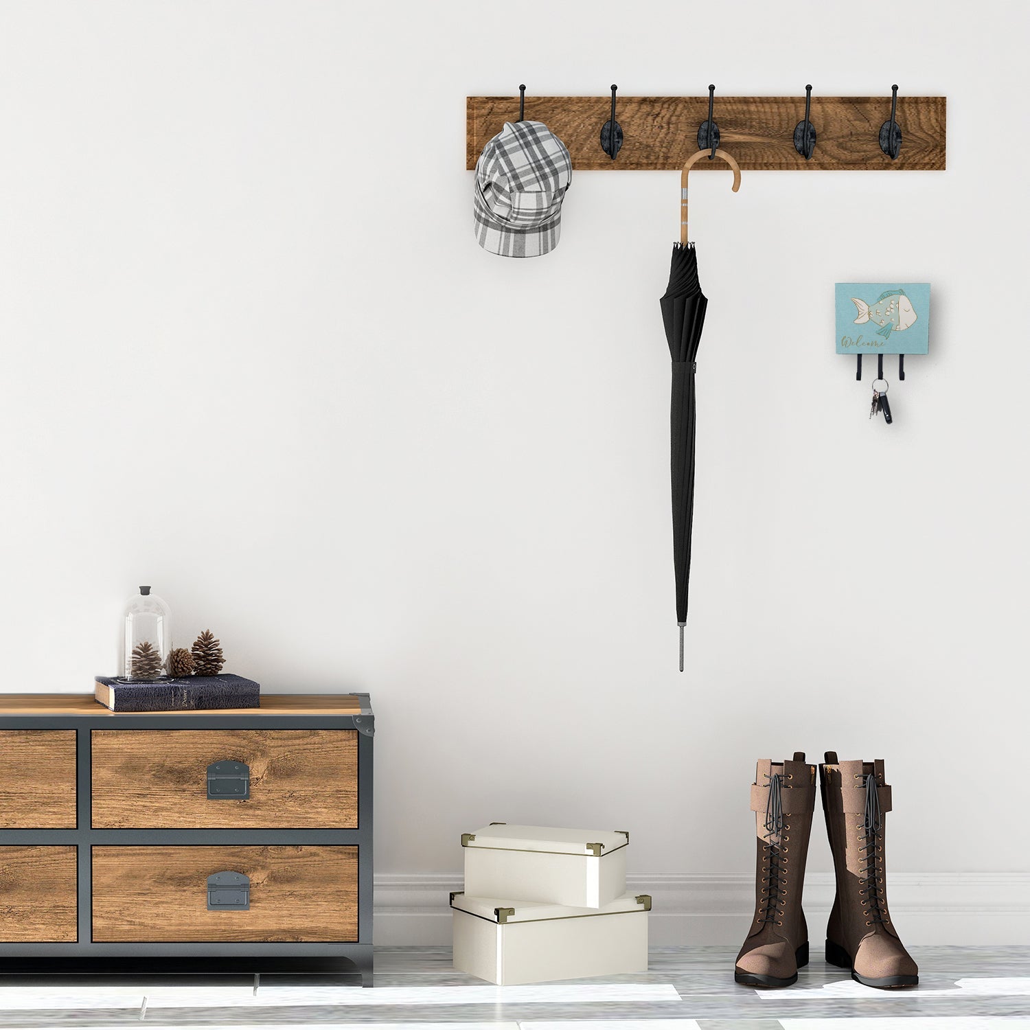Blue Fish Welcome Leash or Key Holder Wall Hooks, Coat Rack Wall Mount, for Hanging Keys, Towels, Aprons, Leashes