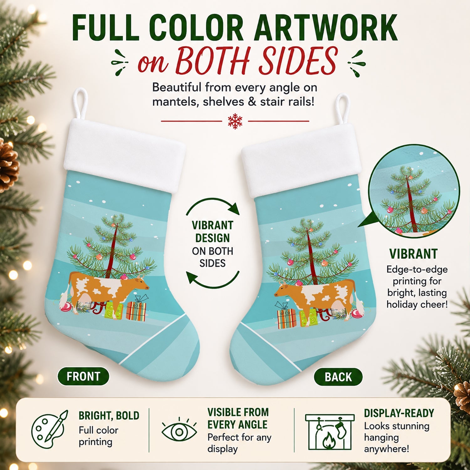Guernsey Cow Christmas Holiday Stocking Double-Sided Print, Polyester Suede,11x18, Made in USA