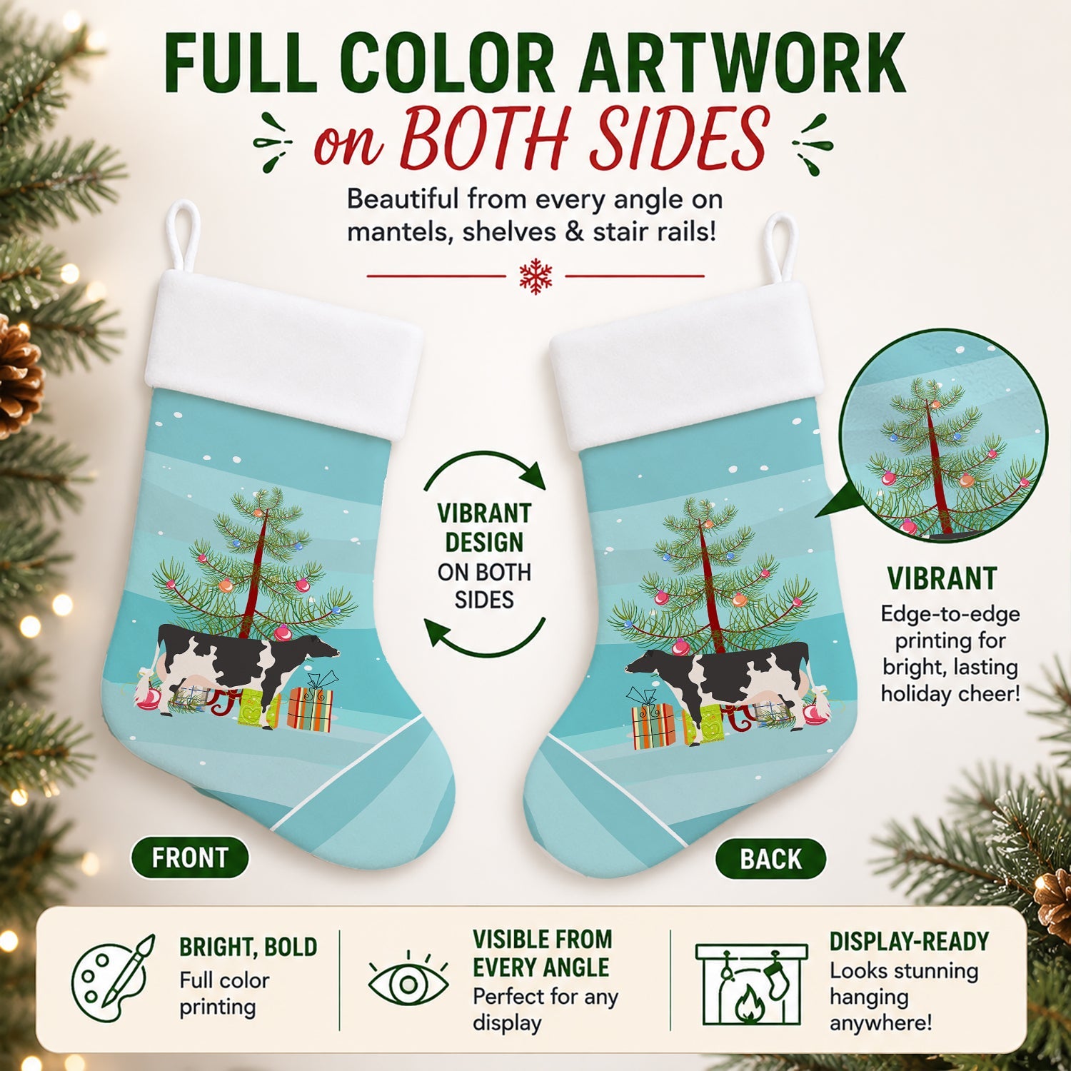 Holstein Cow Christmas Holiday Stocking Double-Sided Print, Polyester Suede,11x18, Made in USA