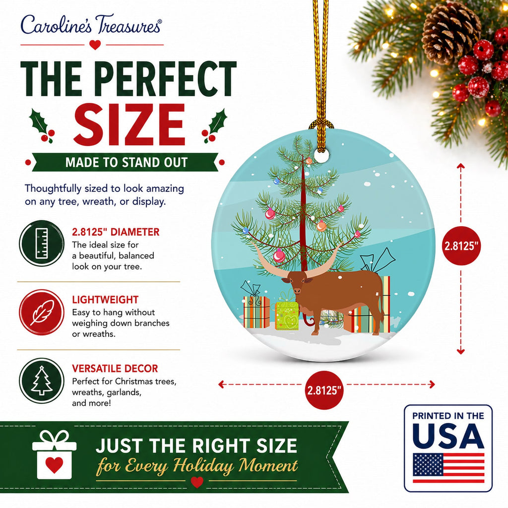Ankole-Watusu Cow Christmas Ceramic Ornament Christmas Tree Hanging Decorations for Home Christmas Holiday, Party, Gift, 3 in, Multicolor
