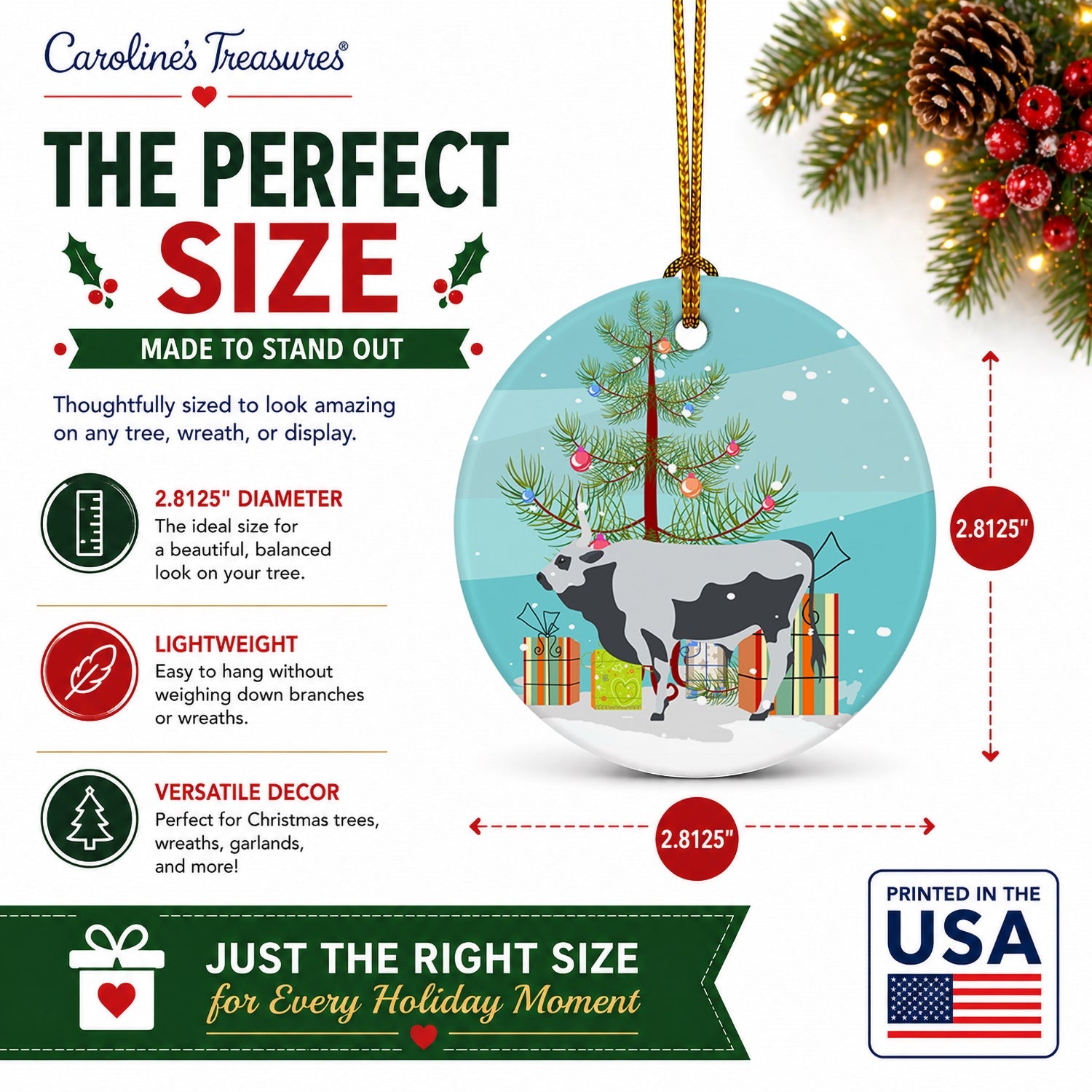Hungarian Grey Steppe Cow Christmas Ceramic Ornament Christmas Tree Hanging Decorations for Home Christmas Holiday, Party, Gift, 3 in, Multicolor