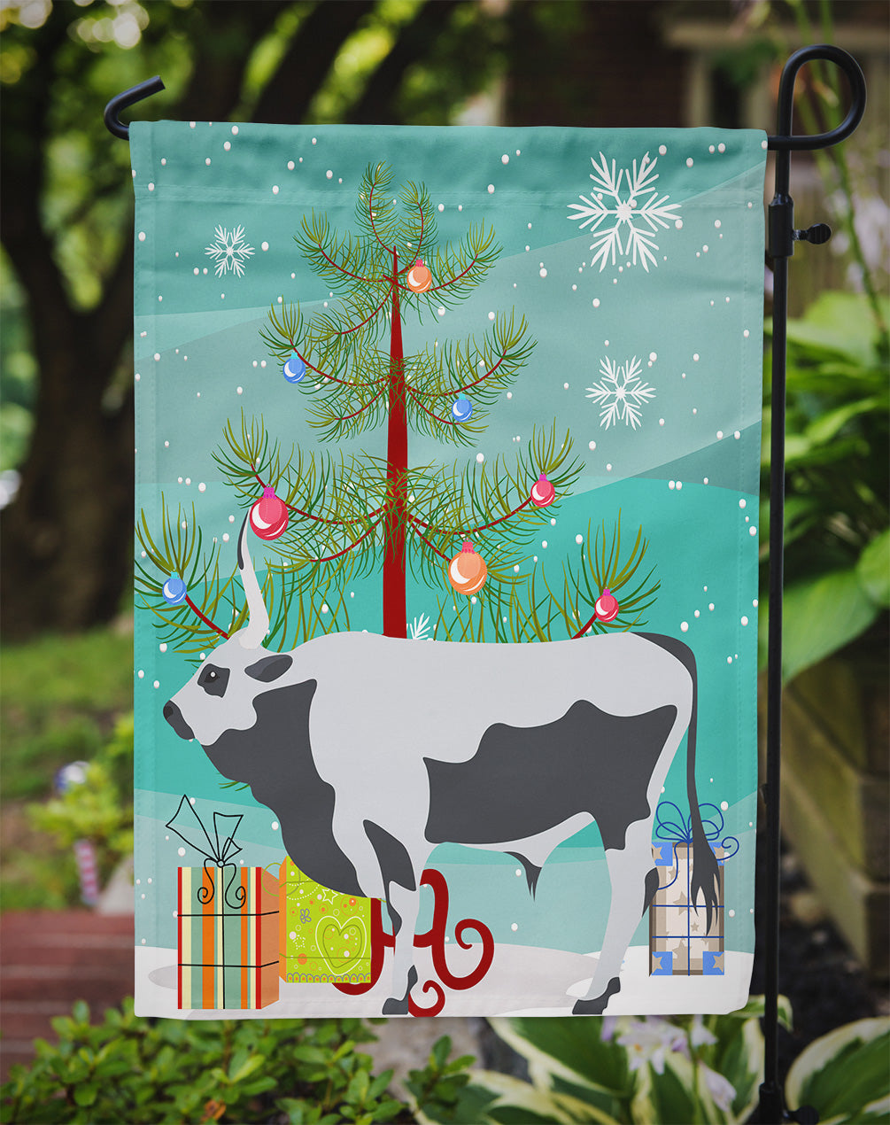 Hungarian Grey Steppe Cow Christmas Garden Flag Mailbox Decorative Yard Banner Outside Patio Artwork for Flower Beds, Garden Size, Multicolor