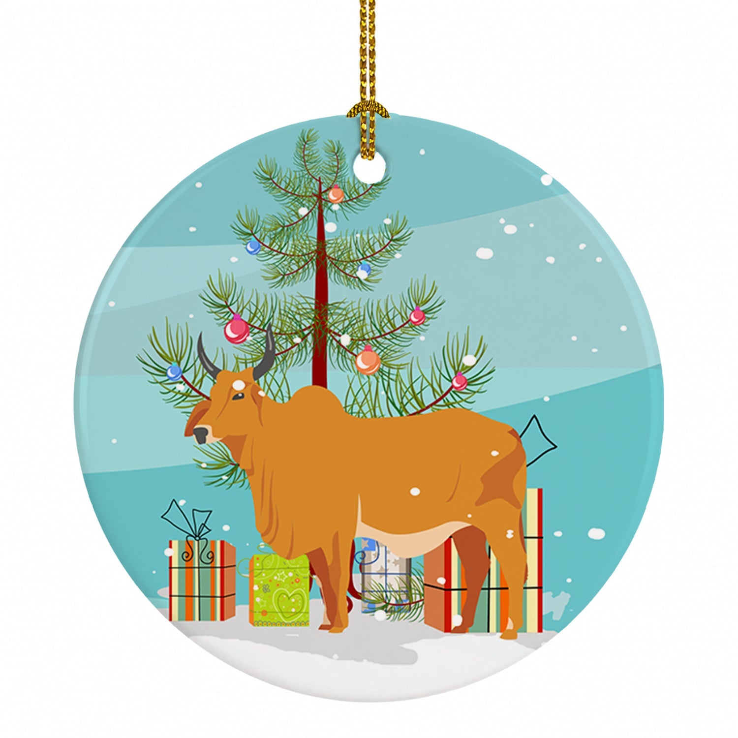 Zebu Indicine Cow Christmas Ceramic Ornament Christmas Tree Hanging Decorations for Home Christmas Holiday, Party, Gift, 3 in, Multicolor