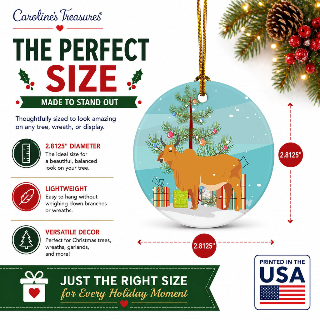 Zebu Indicine Cow Christmas Ceramic Ornament Christmas Tree Hanging Decorations for Home Christmas Holiday, Party, Gift, 3 in, Multicolor