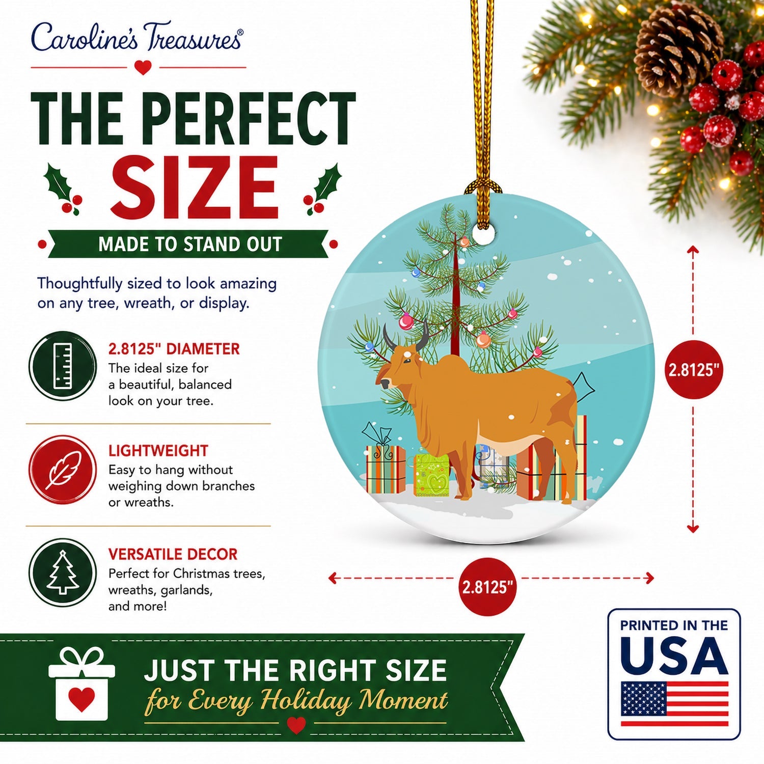 Zebu Indicine Cow Christmas Ceramic Ornament Christmas Tree Hanging Decorations for Home Christmas Holiday, Party, Gift, 3 in, Multicolor