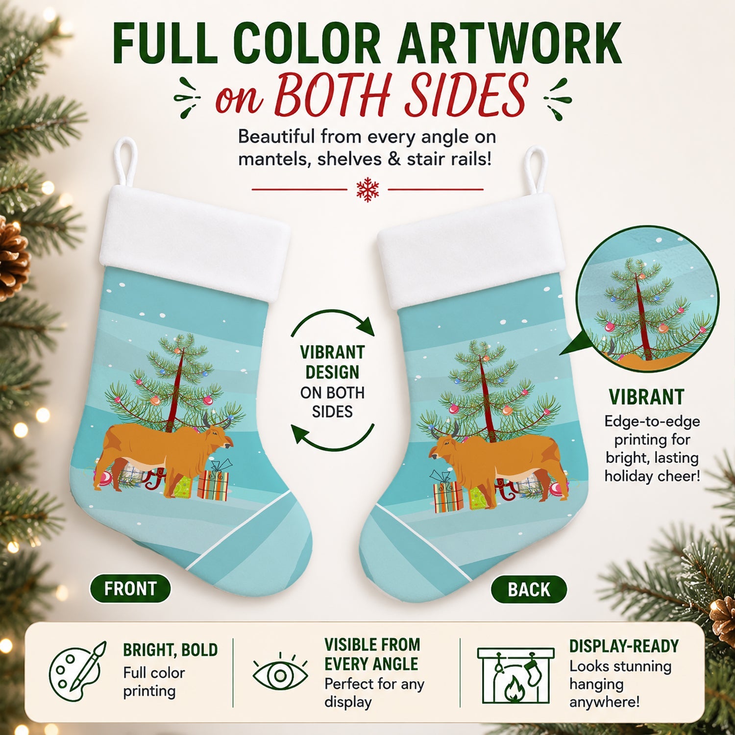 Zebu Indicine Cow Christmas Holiday Stocking Double-Sided Print, Polyester Suede,11x18, Made in USA
