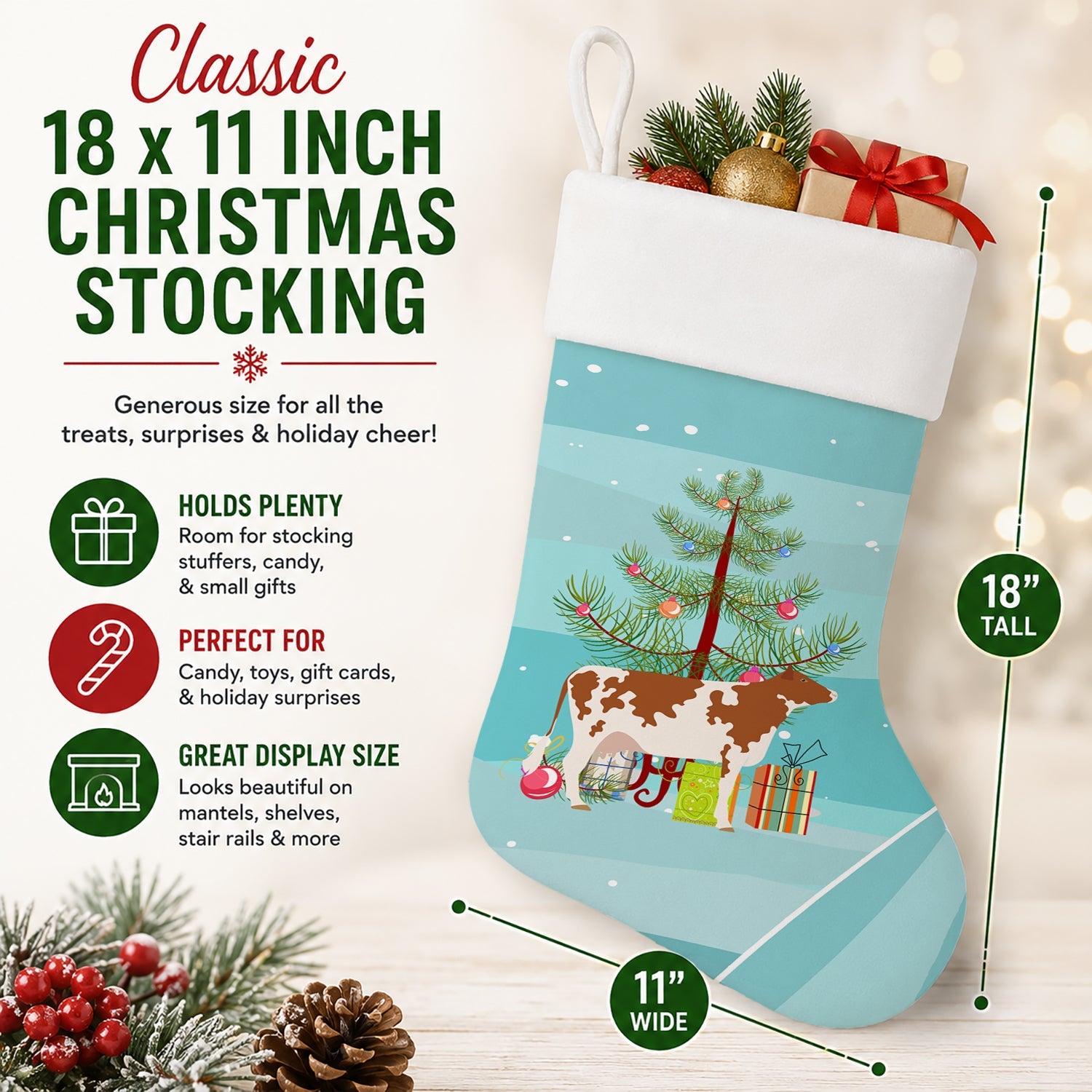 Ayrshire Cow Christmas Holiday Stocking Double-Sided Print, Polyester Suede,11x18, Made in USA