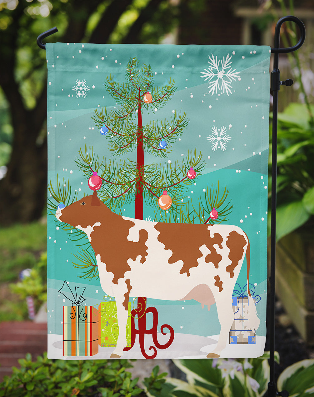 Ayrshire Cow Christmas Garden Flag Mailbox Decorative Yard Banner Outside Patio Artwork for Flower Beds, Garden Size, Multicolor