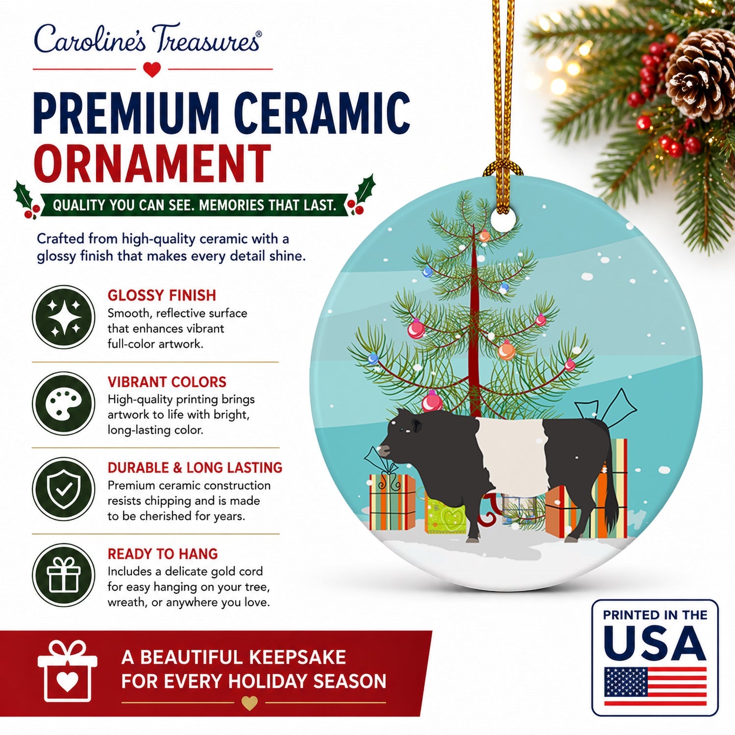 Belted Galloway Cow Christmas Ceramic Ornament Christmas Tree Hanging Decorations for Home Christmas Holiday, Party, Gift, 3 in, Multicolor
